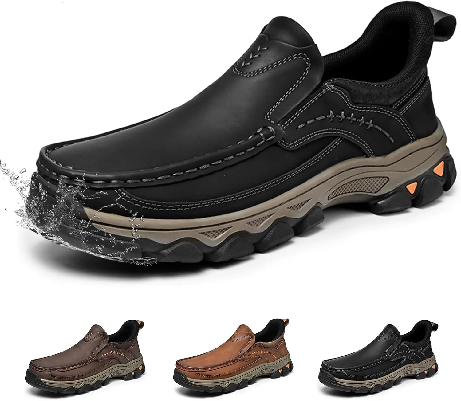 Men's Water-Resistant Leather Slip On Loafers Walking Shoes, Comfortable Breathable Business Dress Casual Driving for Outdoor Hiking