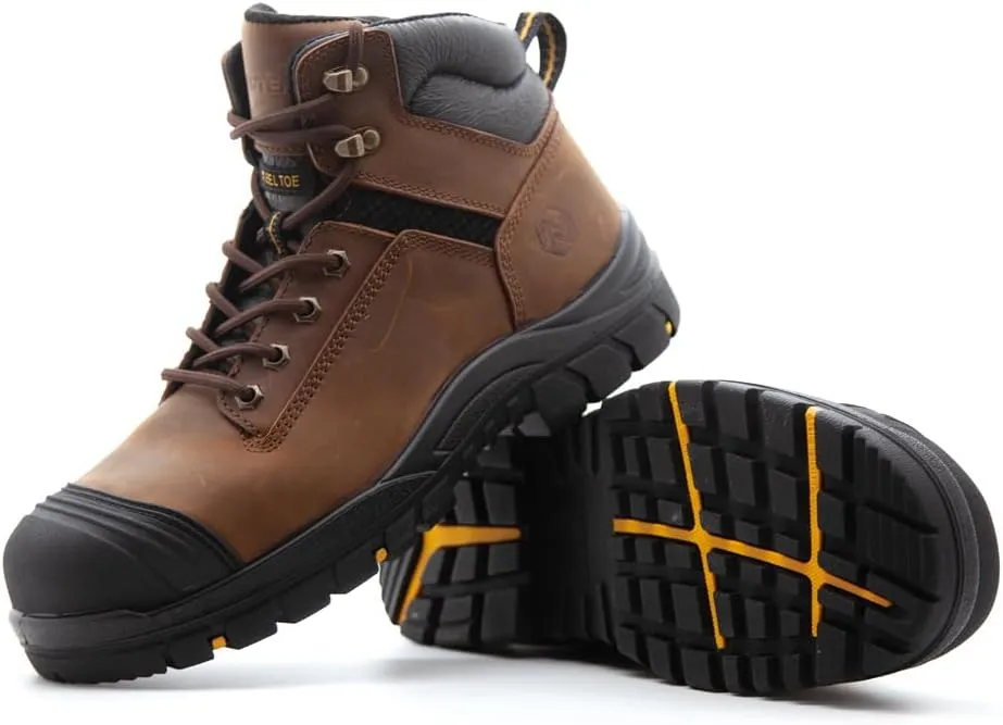 Men's Work Boots, Crazy Horse Leather, Steel Toes Mens Work Shoes, Non Slip Lace Up Protective Shoes, 6 Inch, Anti-Smashing,Anti-Fatigue (AT508, Brown)
