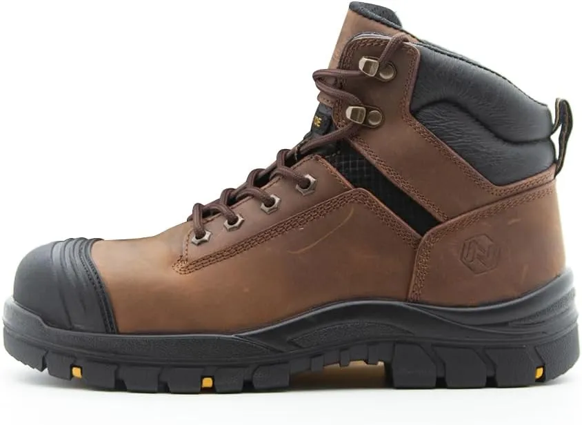 Men's Work Boots, Crazy Horse Leather, Steel Toes Mens Work Shoes, Non Slip Lace Up Protective Shoes, 6 Inch, Anti-Smashing,Anti-Fatigue (AT508, Brown)