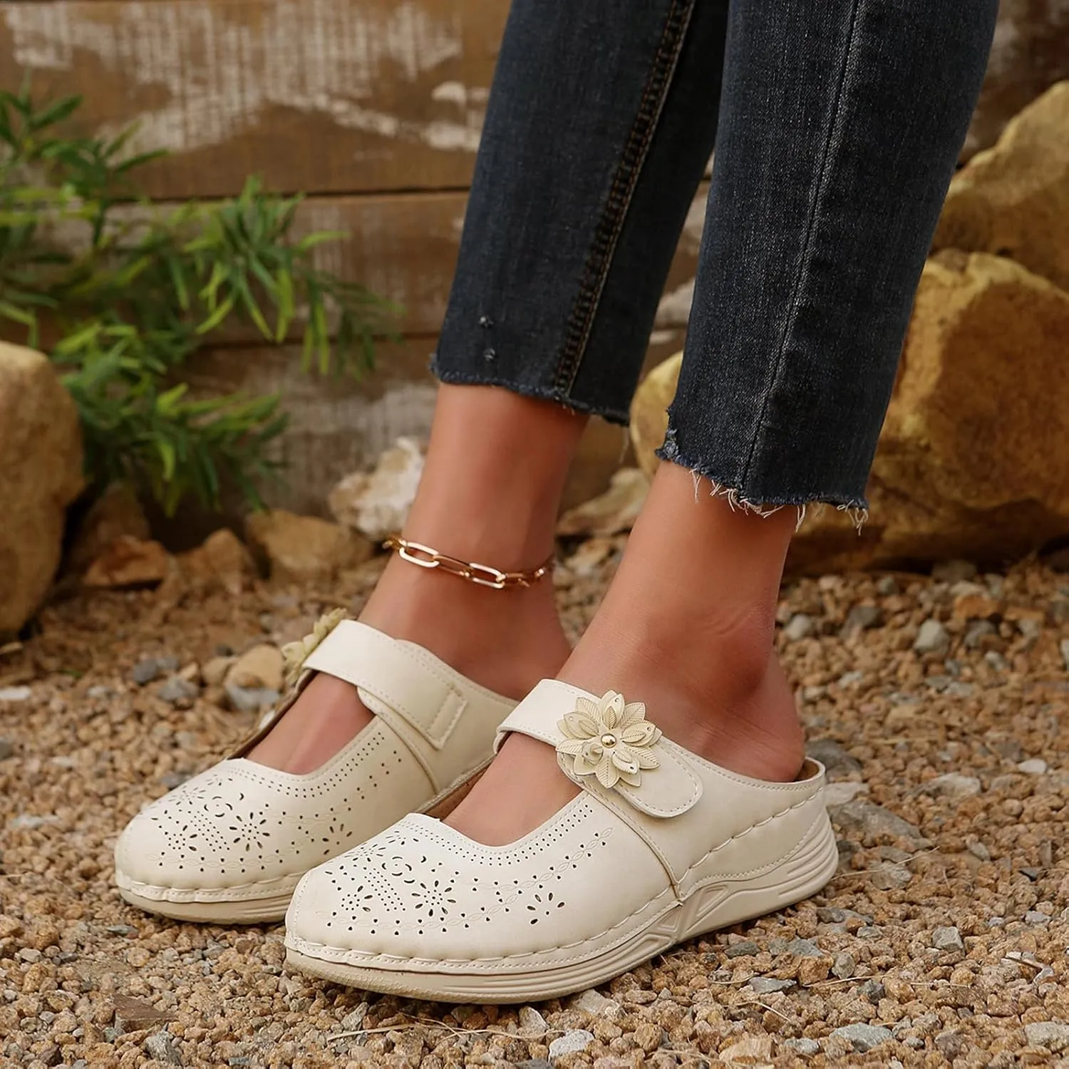 Mules for Women Dressy Summer Closed Toe Sandals Casual Hollow Out Slip On Wedge Slippers Elegant Flower Decor Clogs Womens Walking Shoes for All Occasions: Casual, Work, Party
