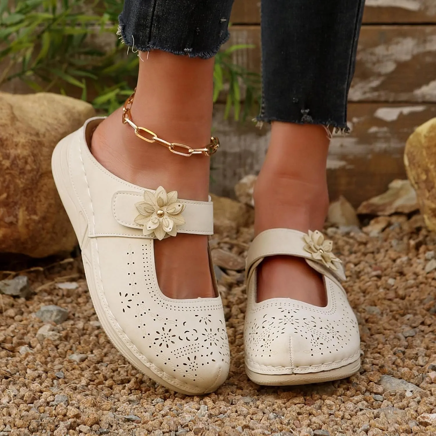 Mules for Women Dressy Summer Closed Toe Sandals Casual Hollow Out Slip On Wedge Slippers Elegant Flower Decor Clogs Womens Walking Shoes for All Occasions: Casual, Work, Party