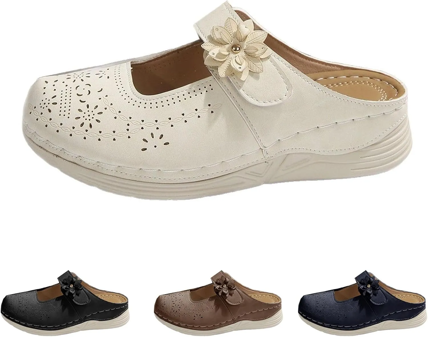 Mules for Women Dressy Summer Closed Toe Sandals Casual Hollow Out Slip On Wedge Slippers Elegant Flower Decor Clogs Womens Walking Shoes for All Occasions: Casual, Work, Party