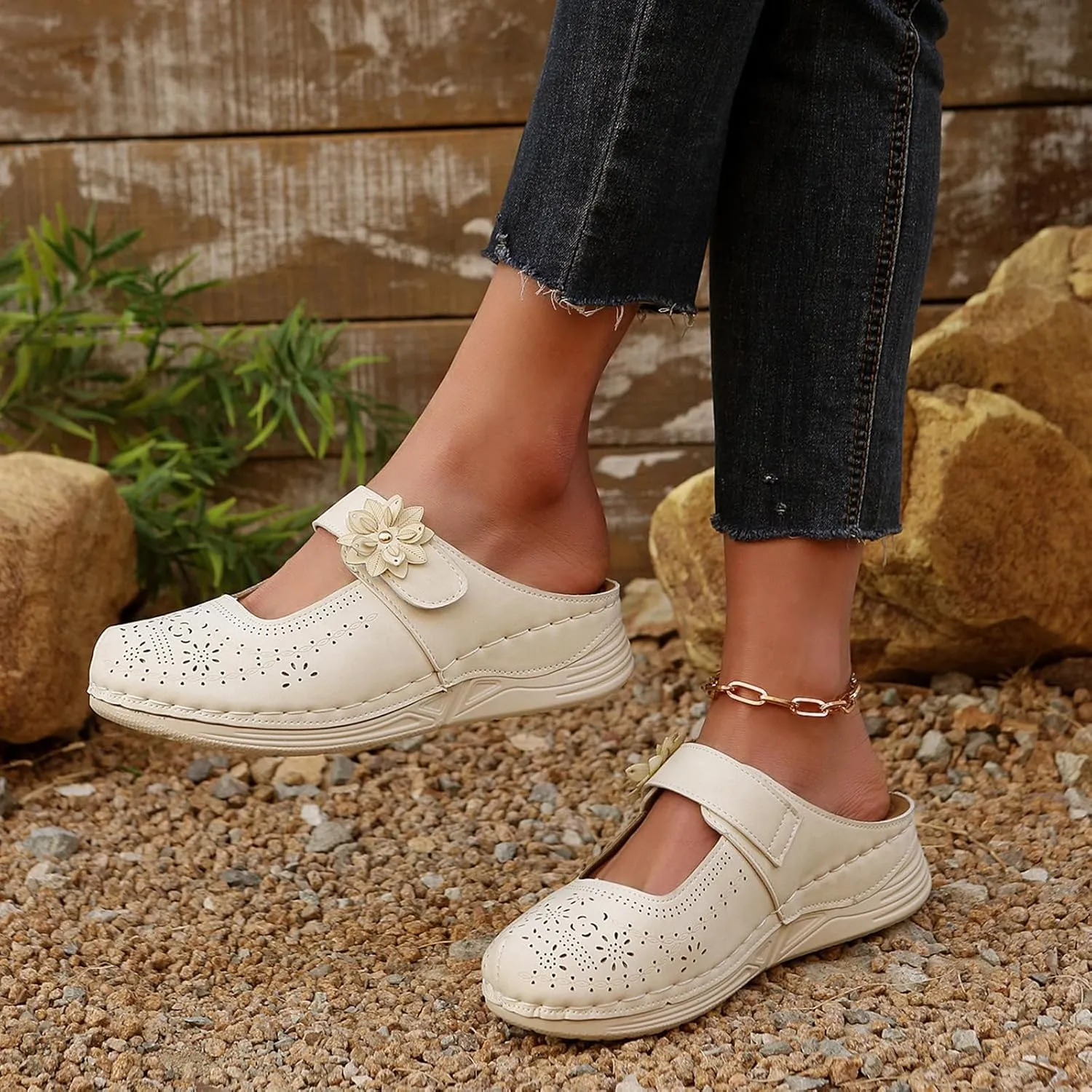 Mules for Women Dressy Summer Closed Toe Sandals Casual Hollow Out Slip On Wedge Slippers Elegant Flower Decor Clogs Womens Walking Shoes for All Occasions: Casual, Work, Party