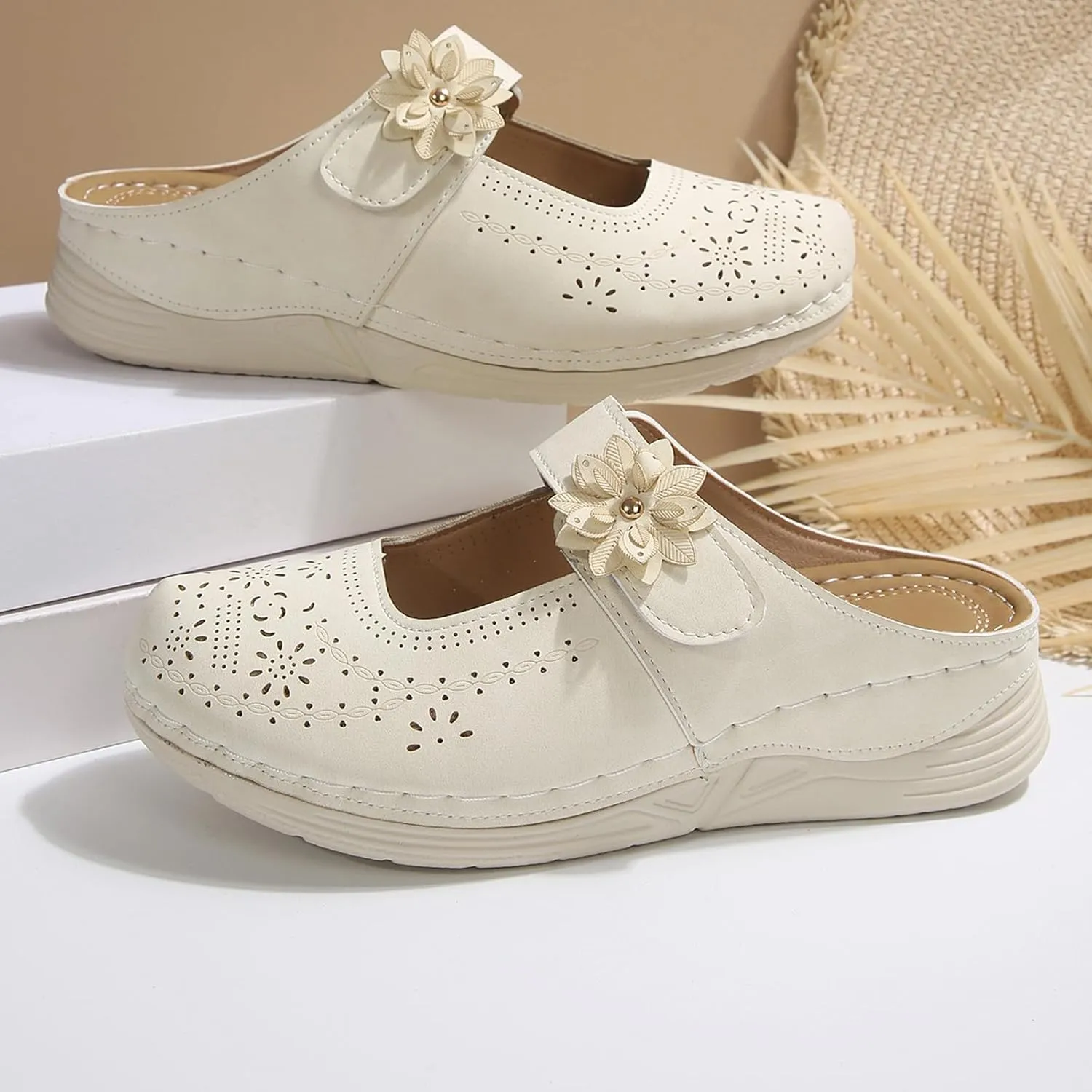 Mules for Women Dressy Summer Closed Toe Sandals Casual Hollow Out Slip On Wedge Slippers Elegant Flower Decor Clogs Womens Walking Shoes for All Occasions: Casual, Work, Party