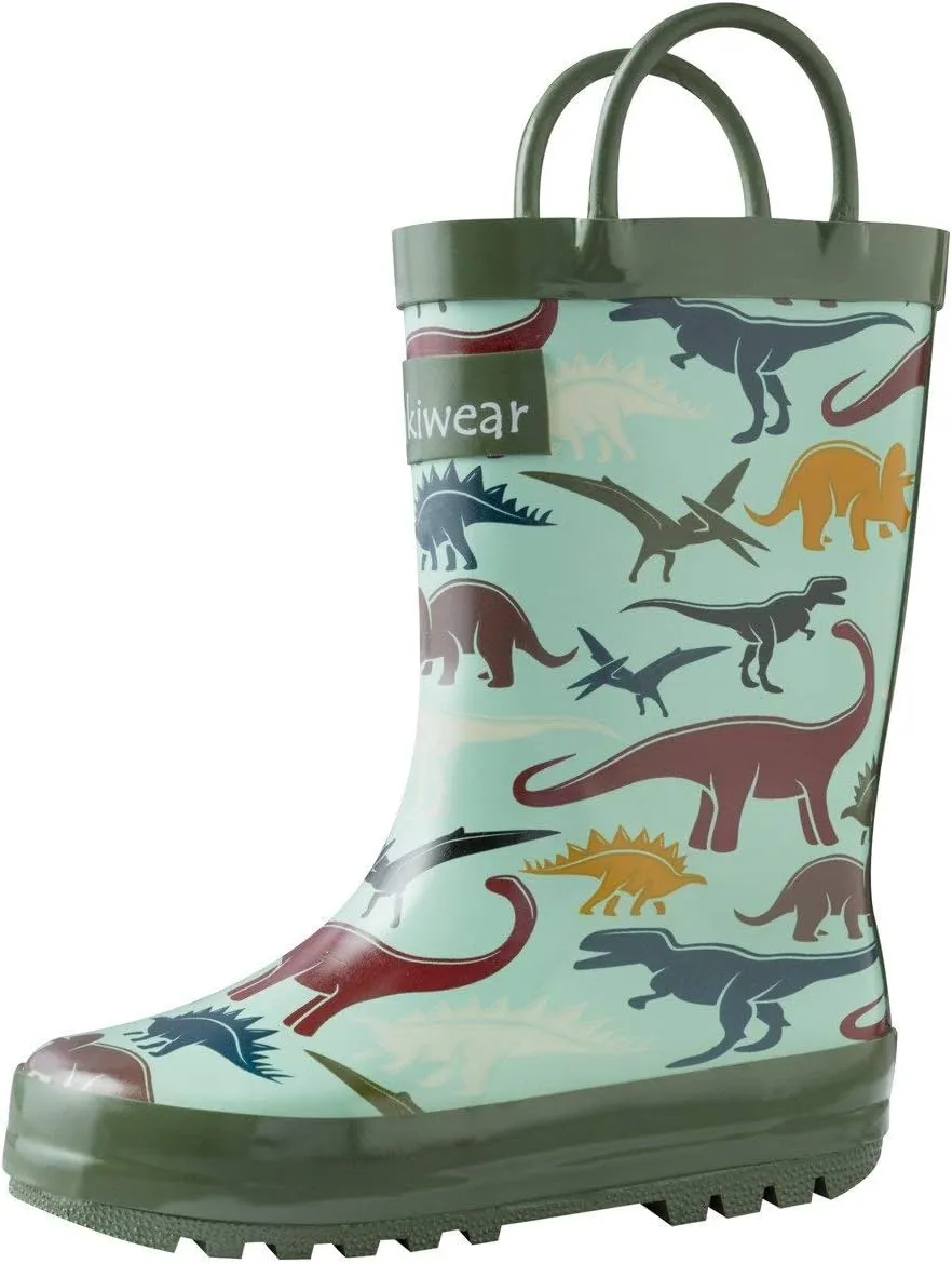 oaki Toddler Rain Boots - Perfect Kids Rain Boots for Any Weather - Durable Rubber Baby Rain Boots Keep Little Feet Dry, Lightweight Waterproof with Easy-on Handle, Earthy Dino, 13 Little Kid