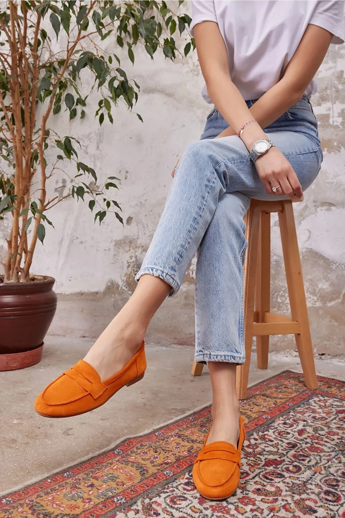Orange Real leather loafers