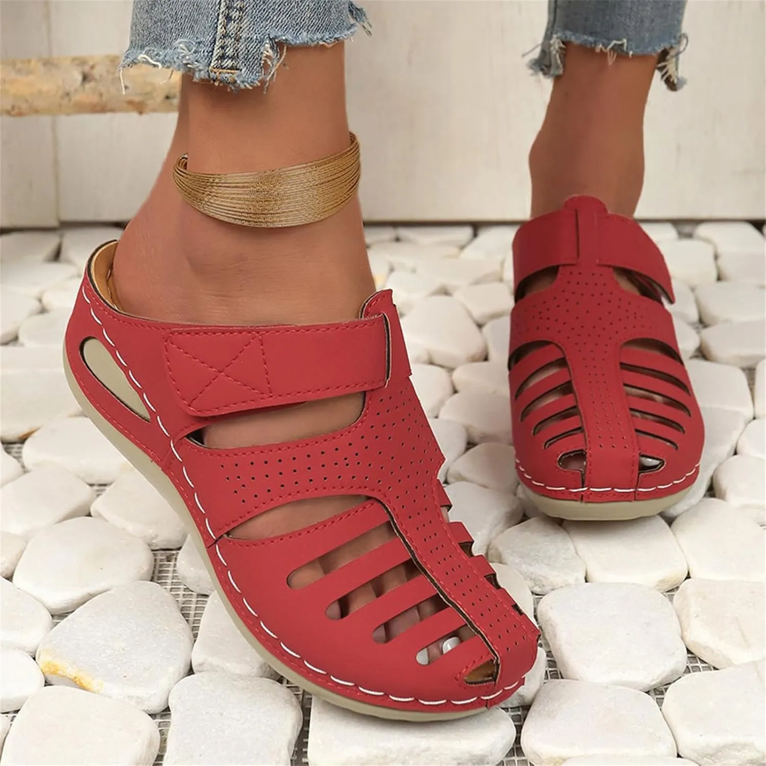 Orthopedic Sandals for Women Ankle Strap Closed Toe Wedge Platform Sandals Casual Summer Hollow Out Breathable Shoes