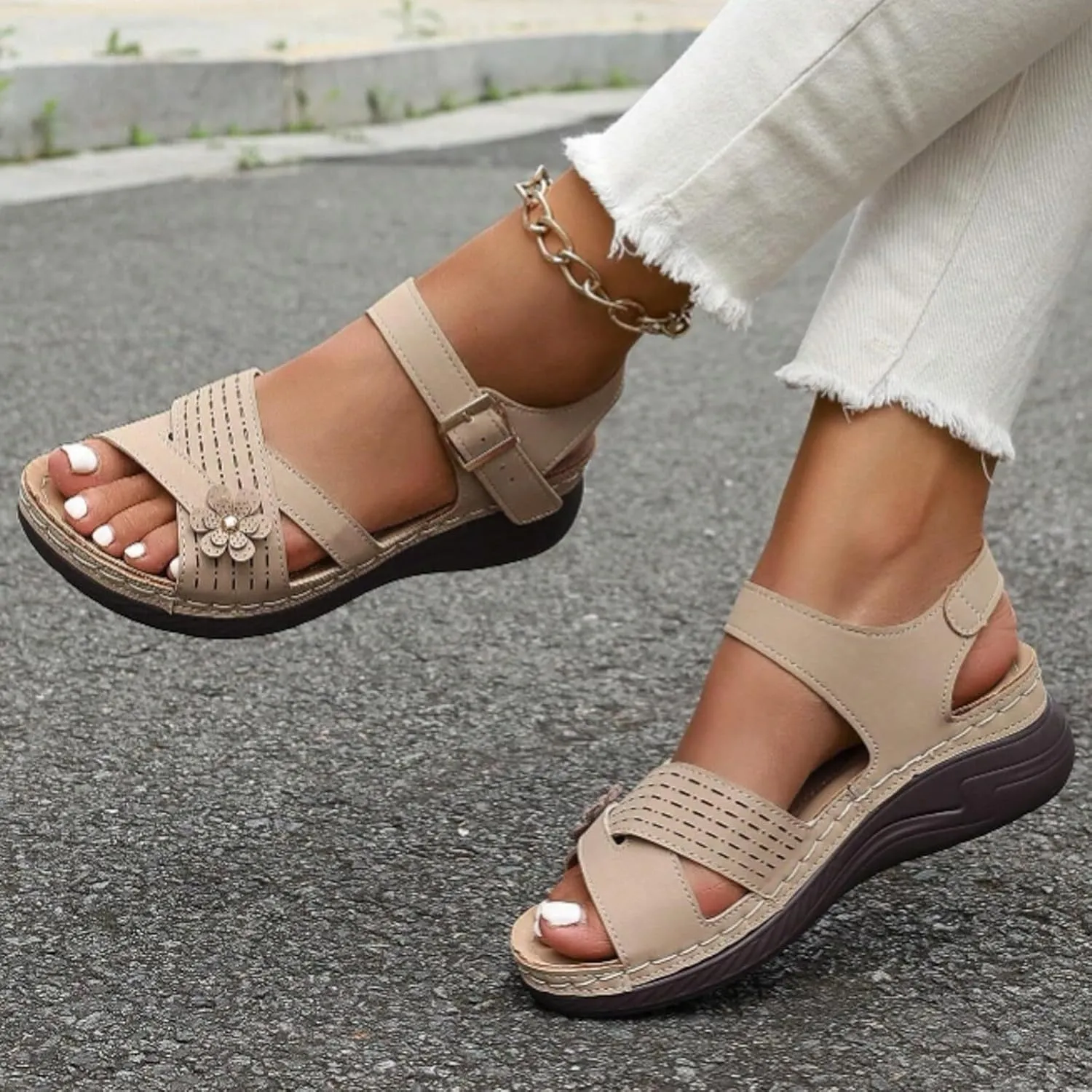 Orthopedic Sandals For Women Arch Support 2025 Open Toe Summer Casual Platform Sandals with Adjustable Hook Loop Wide Width Walking Dress Shoes for Party Casual Beach Vacation