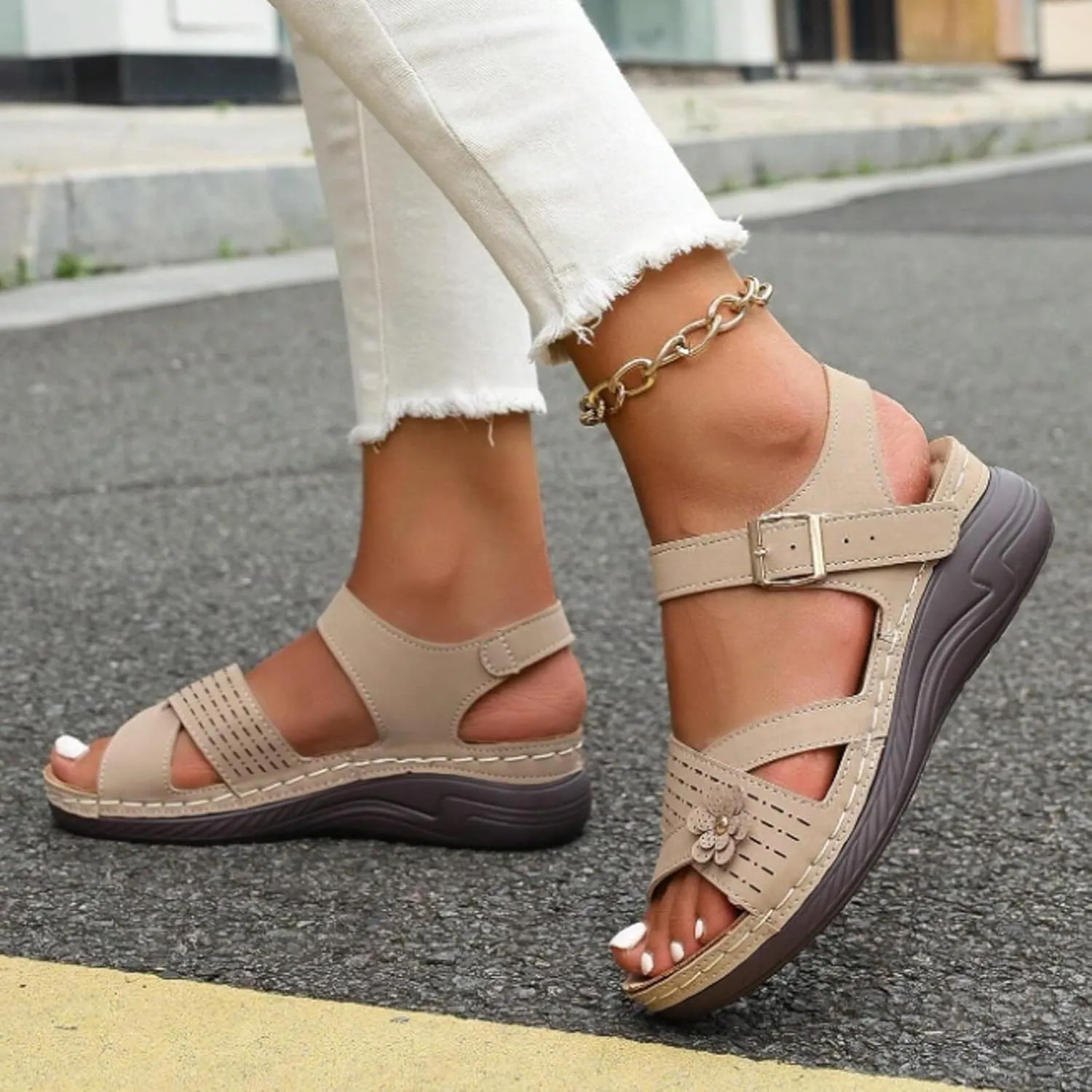 Orthopedic Sandals For Women Arch Support 2025 Open Toe Summer Casual Platform Sandals with Adjustable Hook Loop Wide Width Walking Dress Shoes for Party Casual Beach Vacation