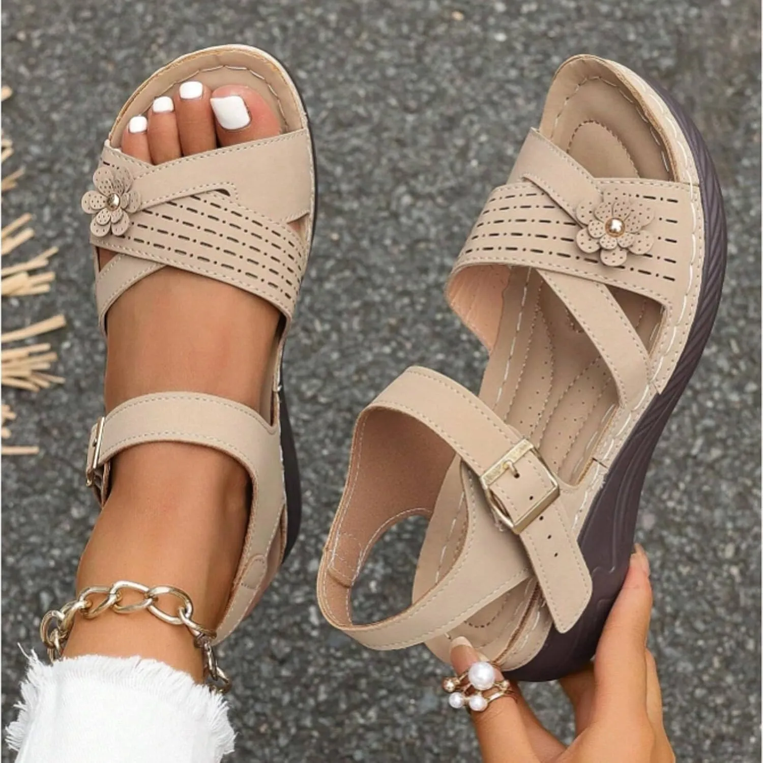 Orthopedic Sandals For Women Arch Support 2025 Open Toe Summer Casual Platform Sandals with Adjustable Hook Loop Wide Width Walking Dress Shoes for Party Casual Beach Vacation