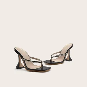PU Bunions Rhinestone High Heel Square Toe Sandals