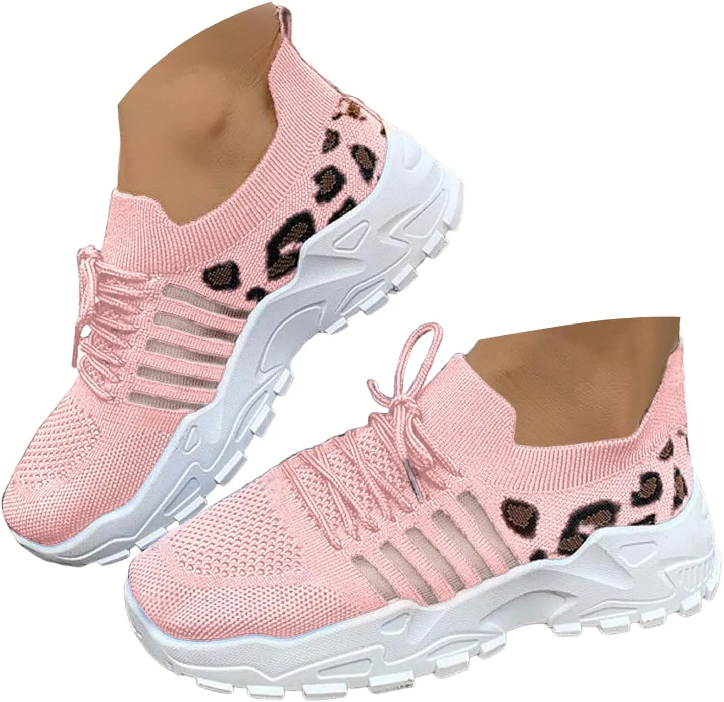 Sandals for Women Wedge Shoes Women's Fashion Mesh Cloth Leopard Print Sneakers Breathable Non Slip Lace Up Casual Shoes