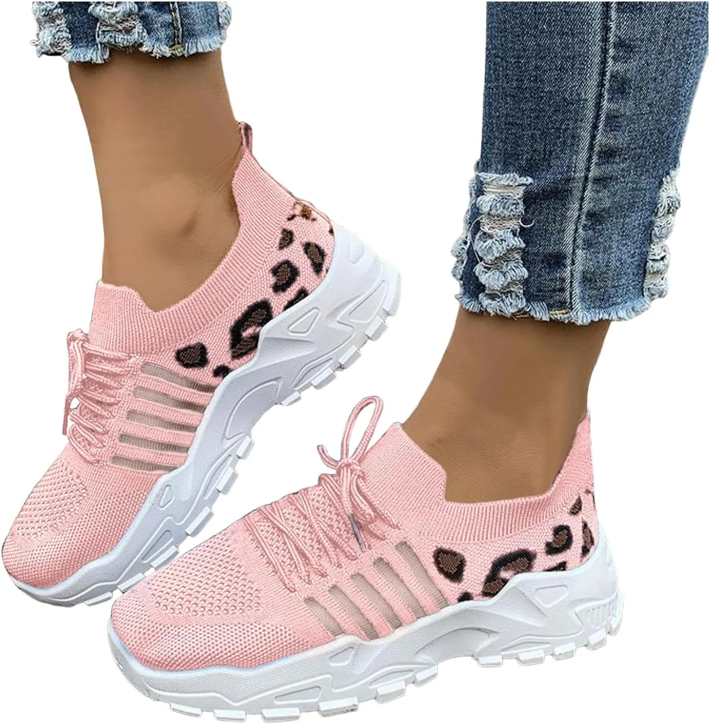 Sandals for Women Wedge Shoes Women's Fashion Mesh Cloth Leopard Print Sneakers Breathable Non Slip Lace Up Casual Shoes