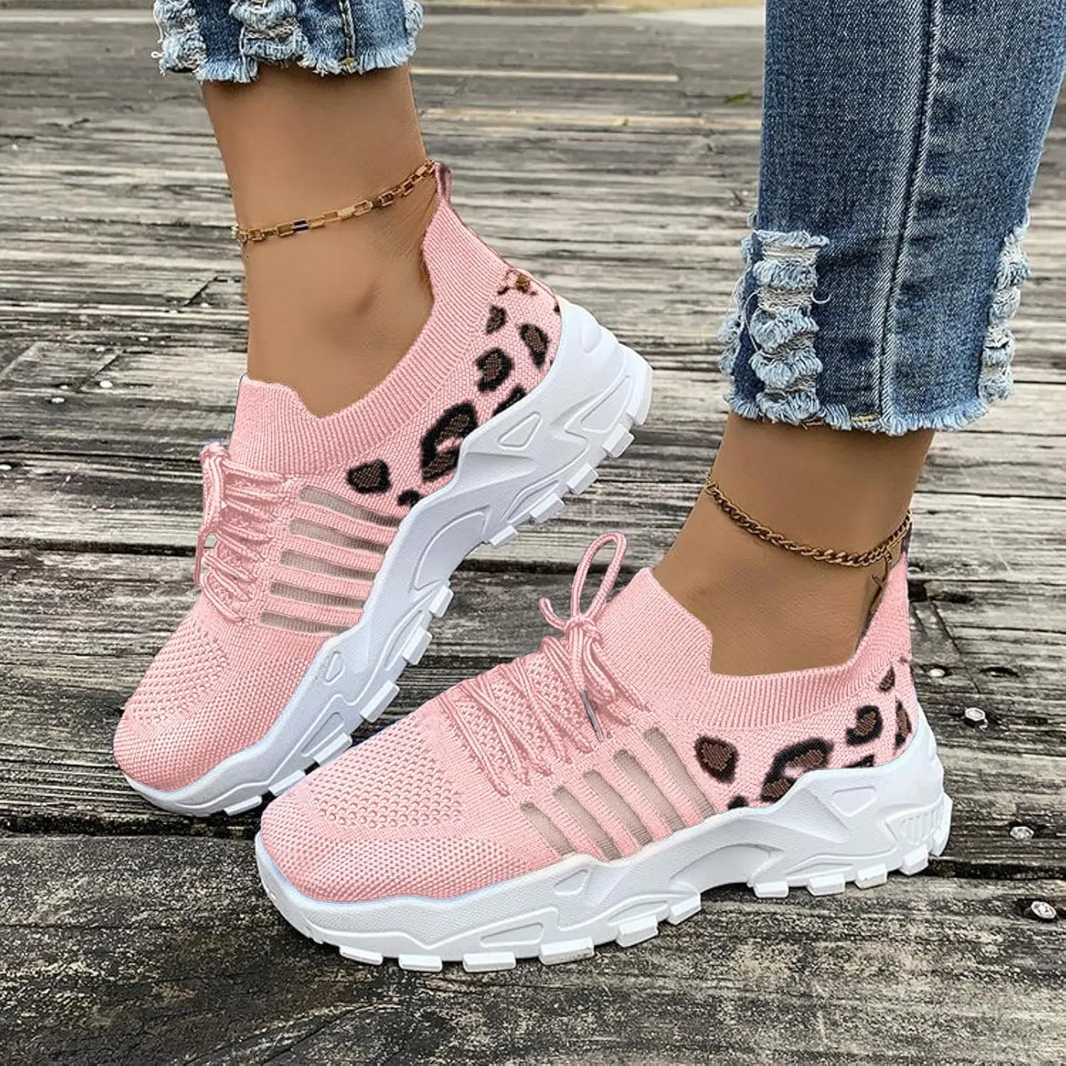 Sandals for Women Wedge Shoes Women's Fashion Mesh Cloth Leopard Print Sneakers Breathable Non Slip Lace Up Casual Shoes