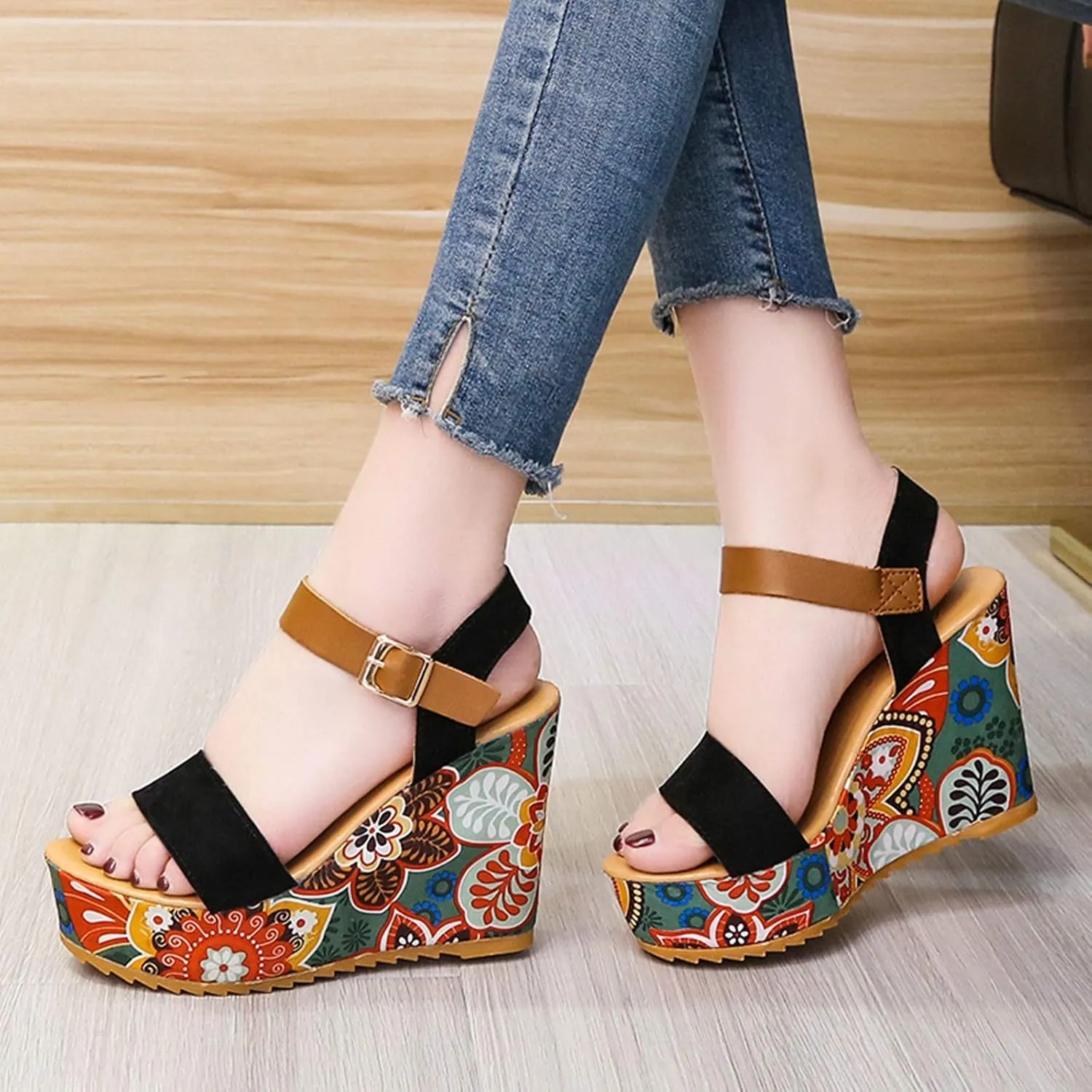 Sandals Wedges Open Summer Women Toe Strap Breathable Shoes Flower Women's Wedges Slip Shoes Sandals