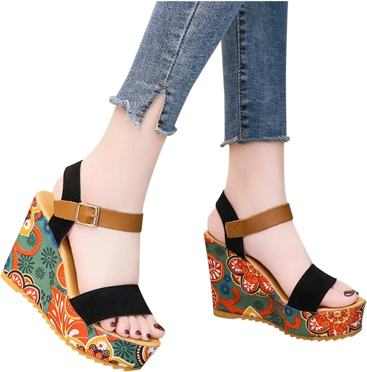 Sandals Wedges Open Summer Women Toe Strap Breathable Shoes Flower Women's Wedges Slip Shoes Sandals