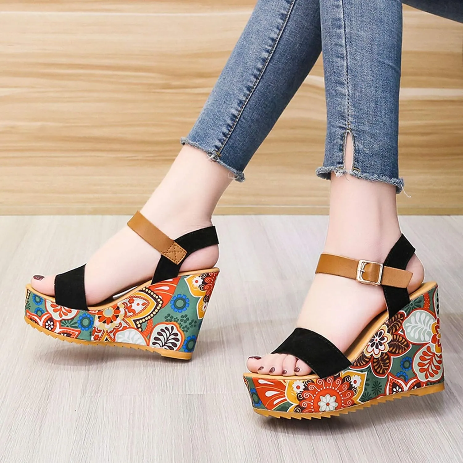 Sandals Wedges Open Summer Women Toe Strap Breathable Shoes Flower Women's Wedges Slip Shoes Sandals