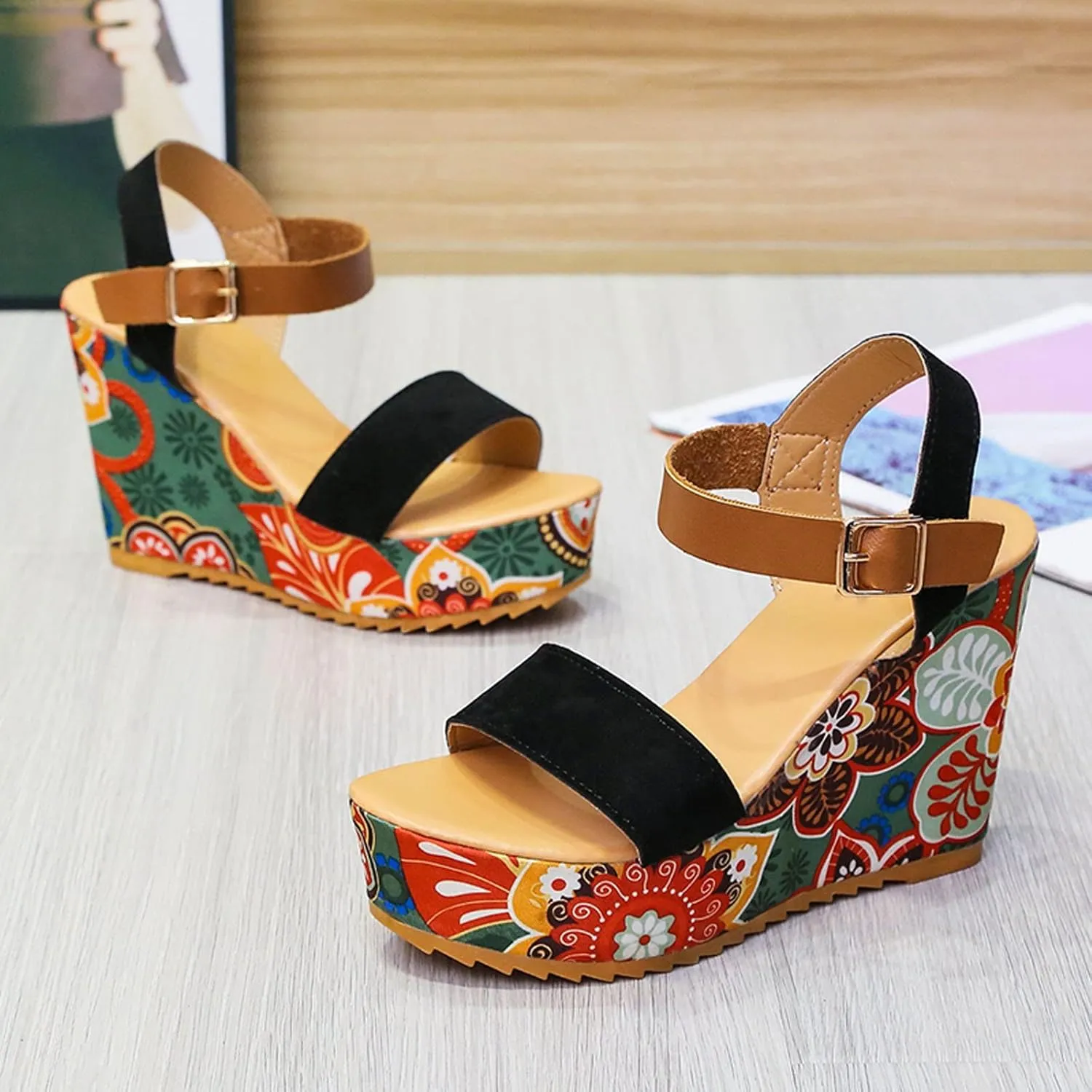 Sandals Wedges Open Summer Women Toe Strap Breathable Shoes Flower Women's Wedges Slip Shoes Sandals