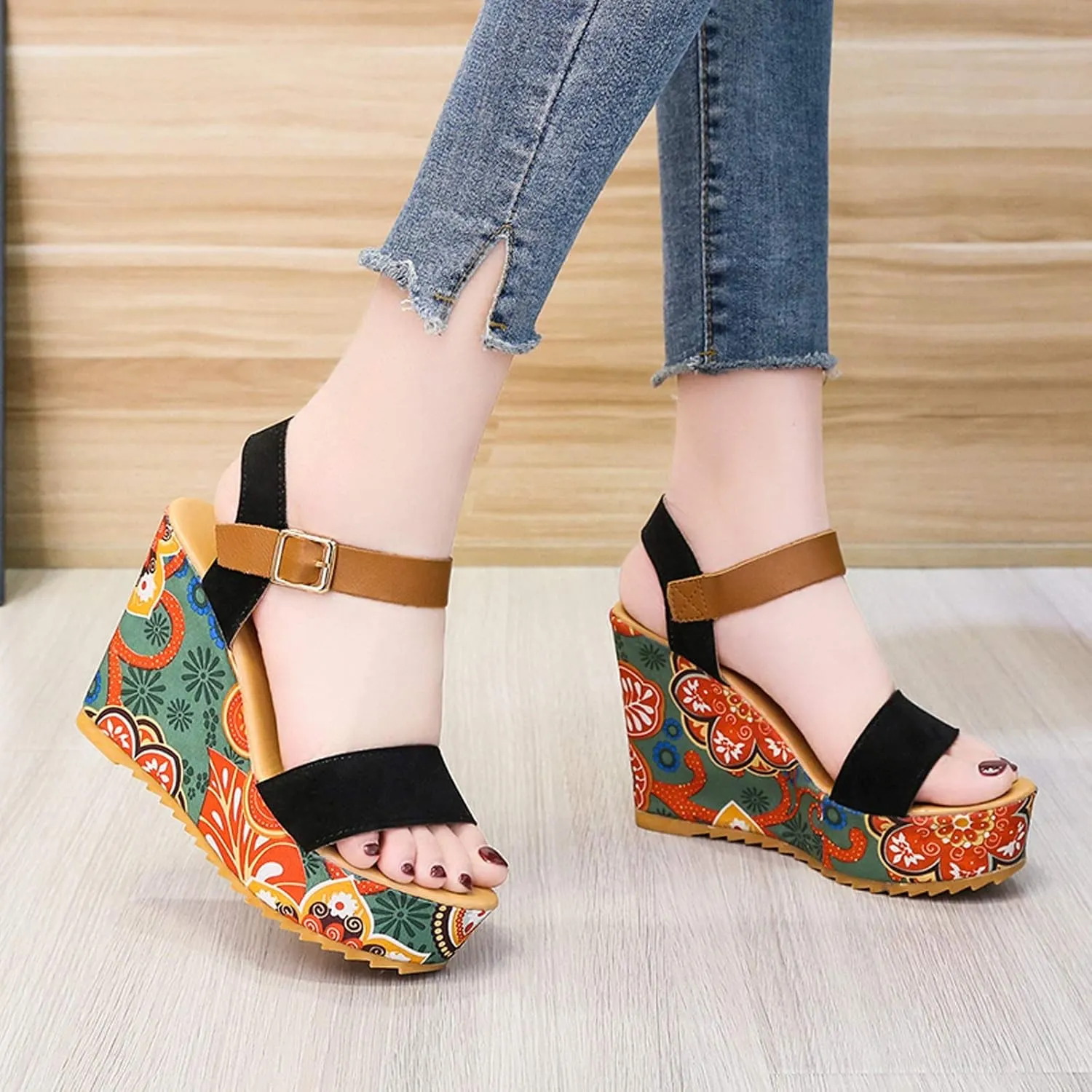 Sandals Wedges Open Summer Women Toe Strap Breathable Shoes Flower Women's Wedges Slip Shoes Sandals