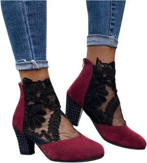 Shoes for Women Sandals, Sandals for Women Sexy Hollow Floral Lace Chunky High Heels Platform Boots Casual Boots
