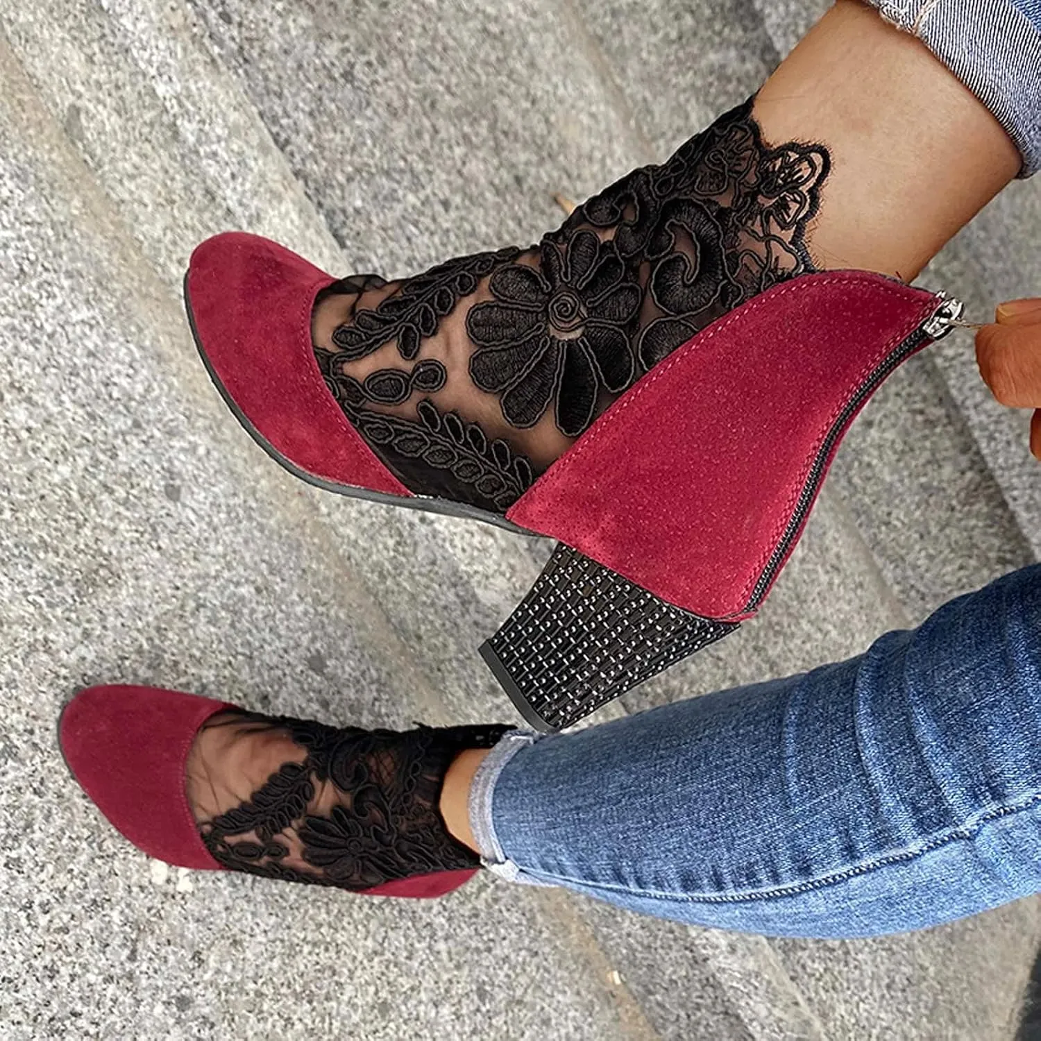 Shoes for Women Sandals, Sandals for Women Sexy Hollow Floral Lace Chunky High Heels Platform Boots Casual Boots