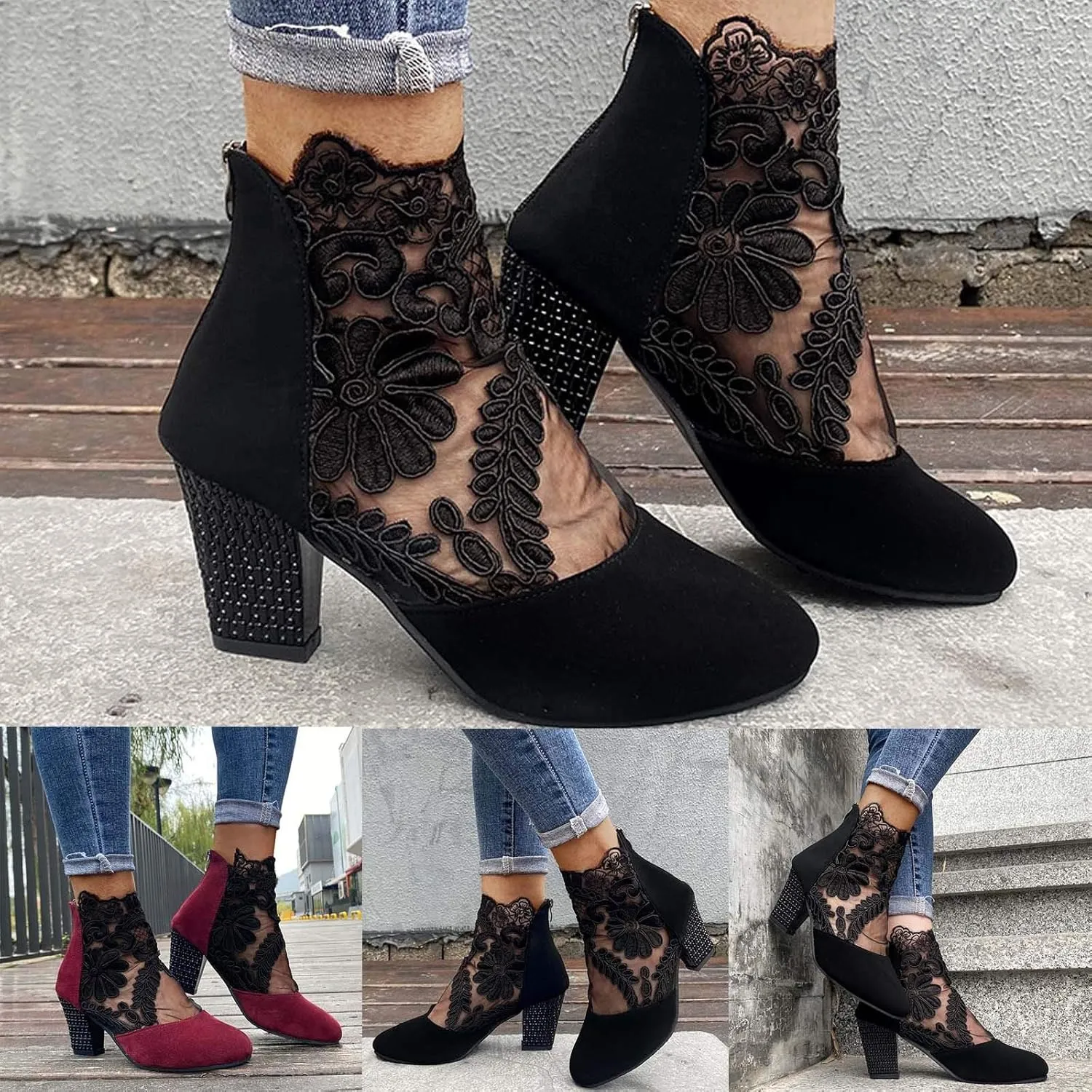 Shoes for Women Sandals, Sandals for Women Sexy Hollow Floral Lace Chunky High Heels Platform Boots Casual Boots
