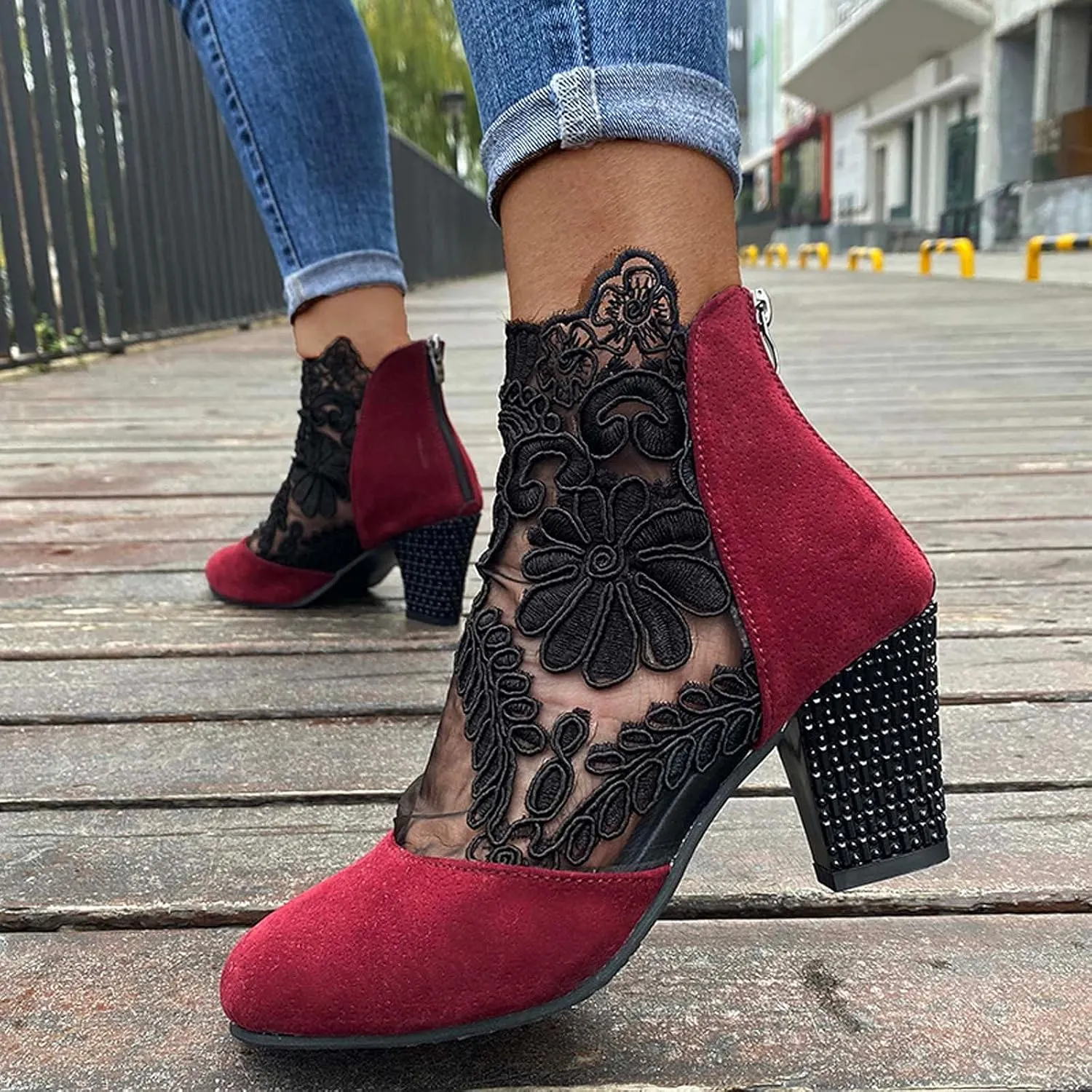 Shoes for Women Sandals, Sandals for Women Sexy Hollow Floral Lace Chunky High Heels Platform Boots Casual Boots