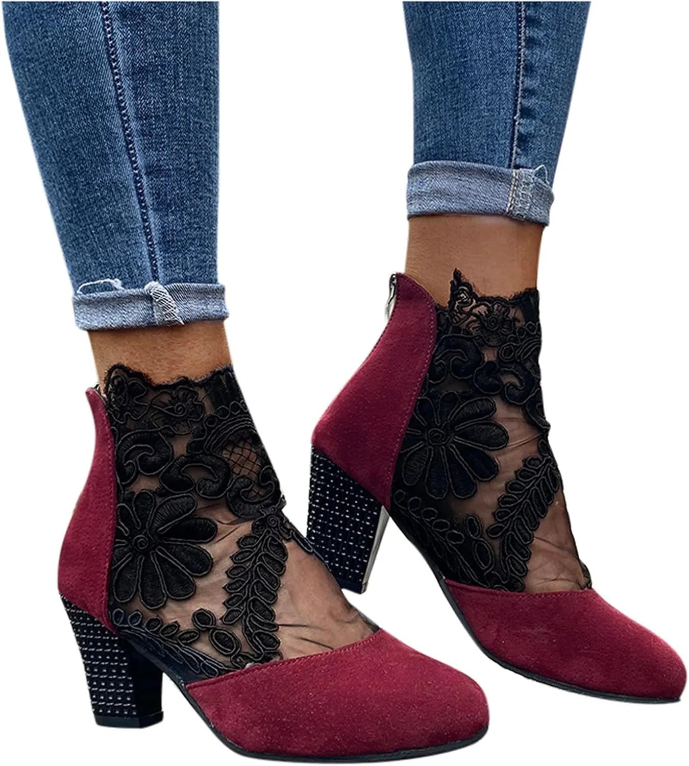 Shoes for Women Sandals, Sandals for Women Sexy Hollow Floral Lace Chunky High Heels Platform Boots Casual Boots