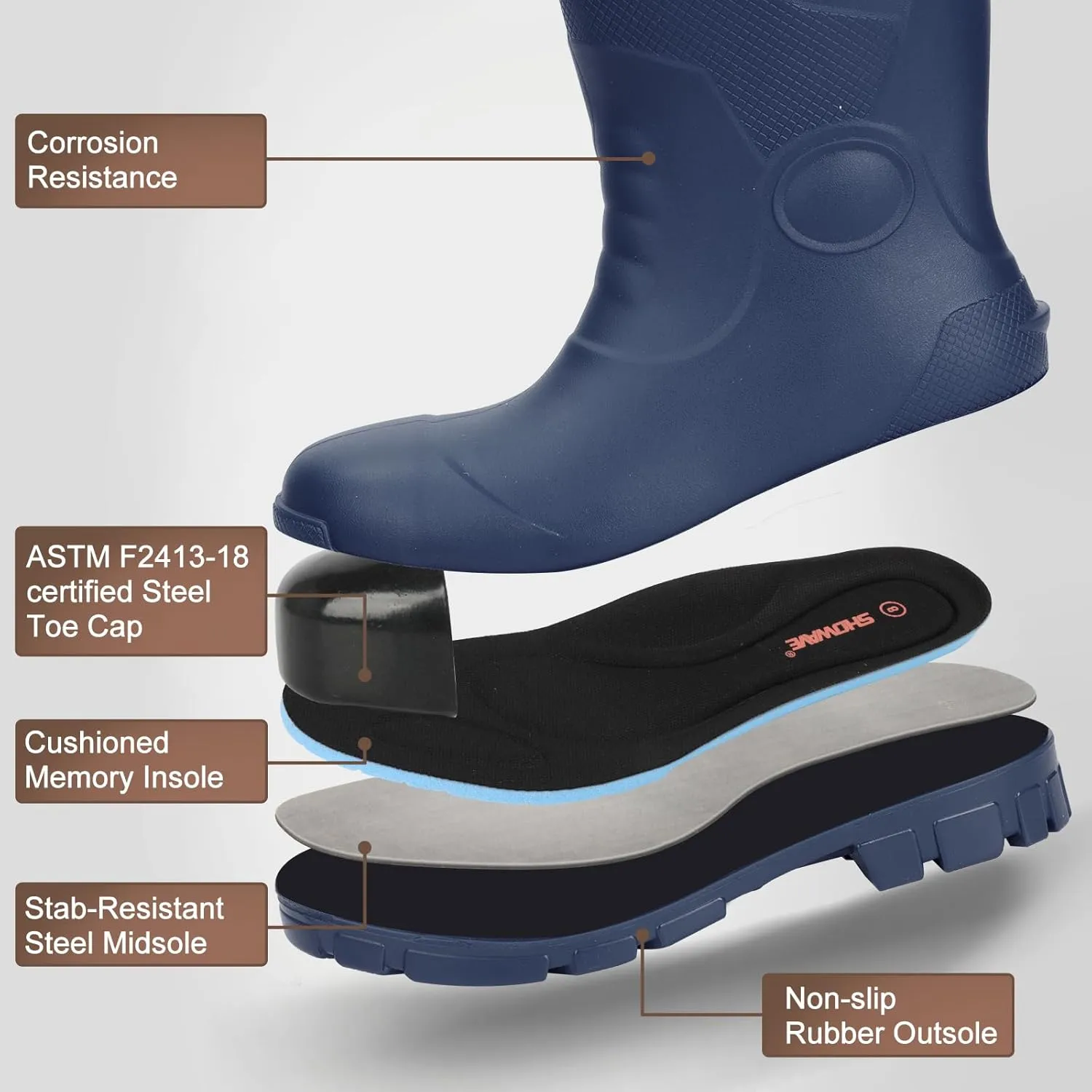 Showave Steel Toe Boots for Men Rubber Work Boot Waterproof Durable Concrete Booties for Hunting Manufacturing Construction