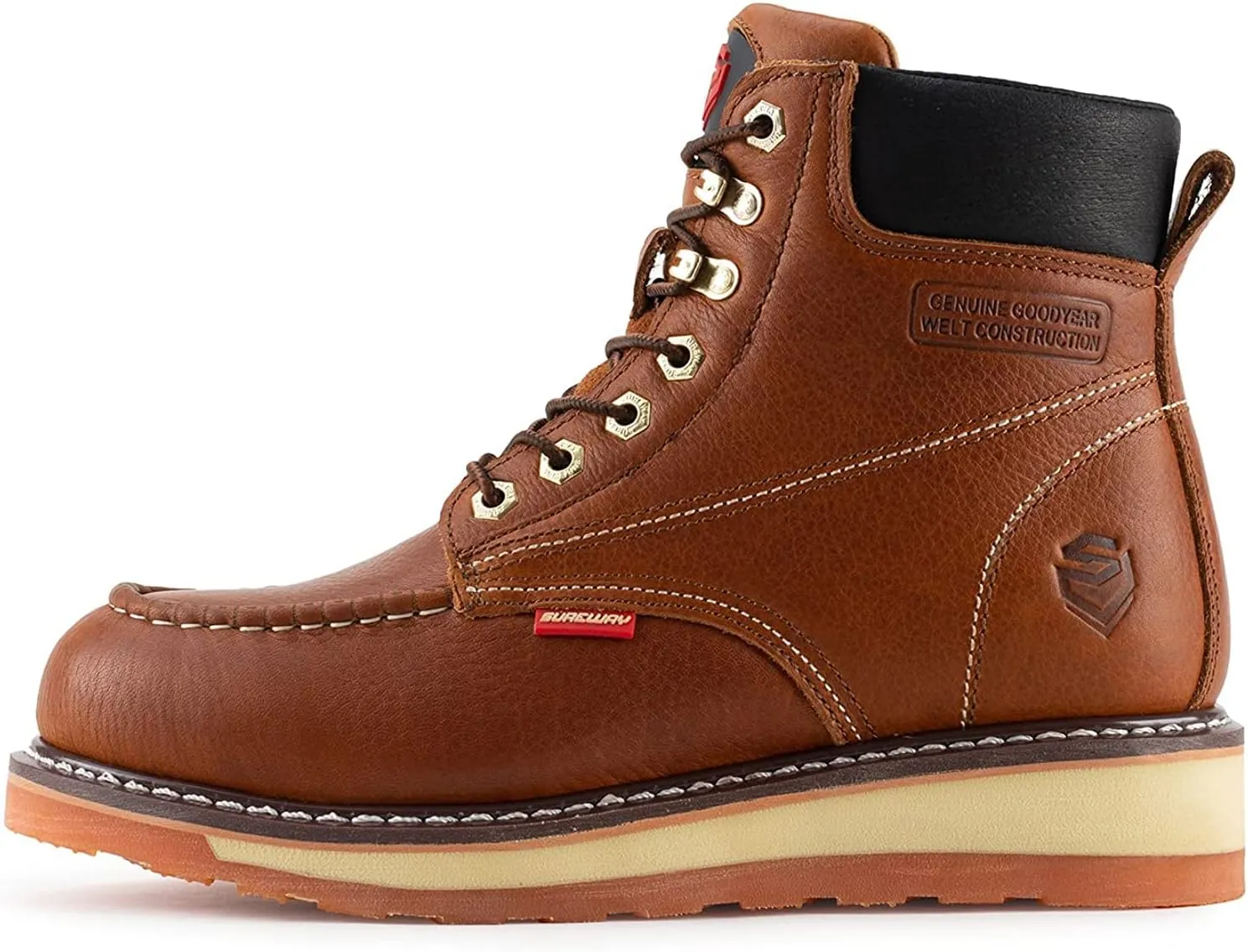 SUREWAY 6 Mens Heavy Duty Steel/Composite/Soft Toe Work Boots for Men,Comfortable & Durable,Goodyear Welt,Full Grain Leather,Oil/Slip Resistant,Wedge Moc Toe Industrial Construction Boots/Shoes