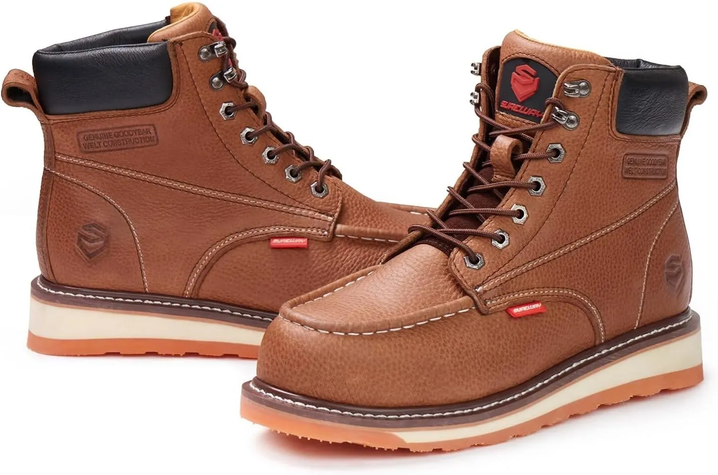 SUREWAY 6 Mens Heavy Duty Steel/Composite/Soft Toe Work Boots for Men,Comfortable & Durable,Goodyear Welt,Full Grain Leather,Oil/Slip Resistant,Wedge Moc Toe Industrial Construction Boots/Shoes