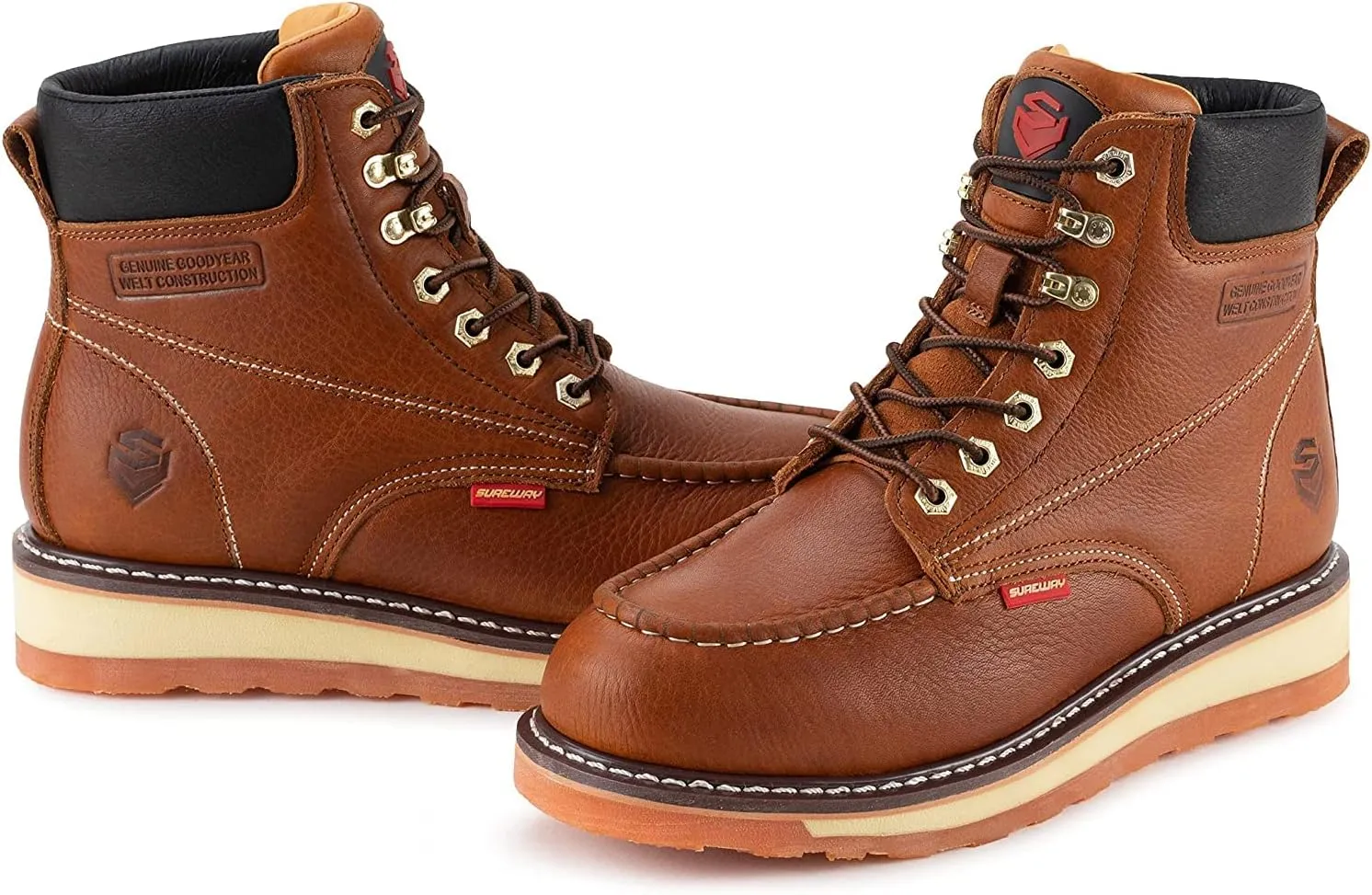 SUREWAY 6 Mens Heavy Duty Steel/Composite/Soft Toe Work Boots for Men,Comfortable & Durable,Goodyear Welt,Full Grain Leather,Oil/Slip Resistant,Wedge Moc Toe Industrial Construction Boots/Shoes