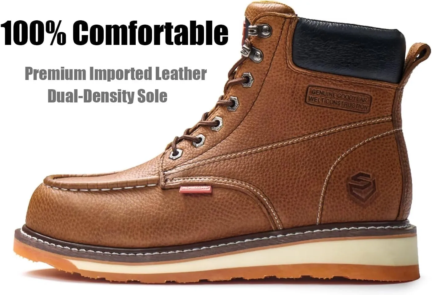 SUREWAY 6 Mens Heavy Duty Steel/Composite/Soft Toe Work Boots for Men,Comfortable & Durable,Goodyear Welt,Full Grain Leather,Oil/Slip Resistant,Wedge Moc Toe Industrial Construction Boots/Shoes