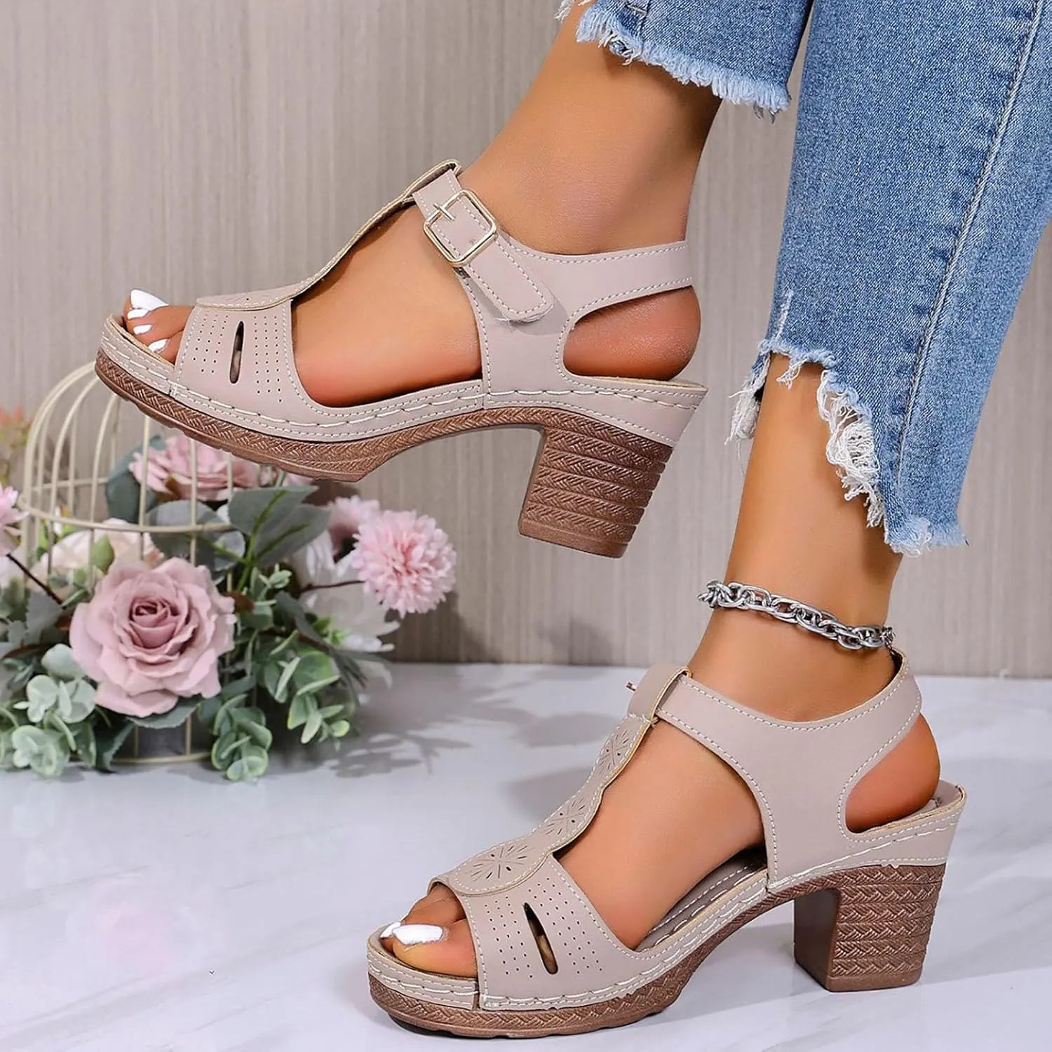 Temperament Chunky Heel Sandals for Women Strappy Buckle Heeled Sandal with Chunk Heel Business Casual Shoes