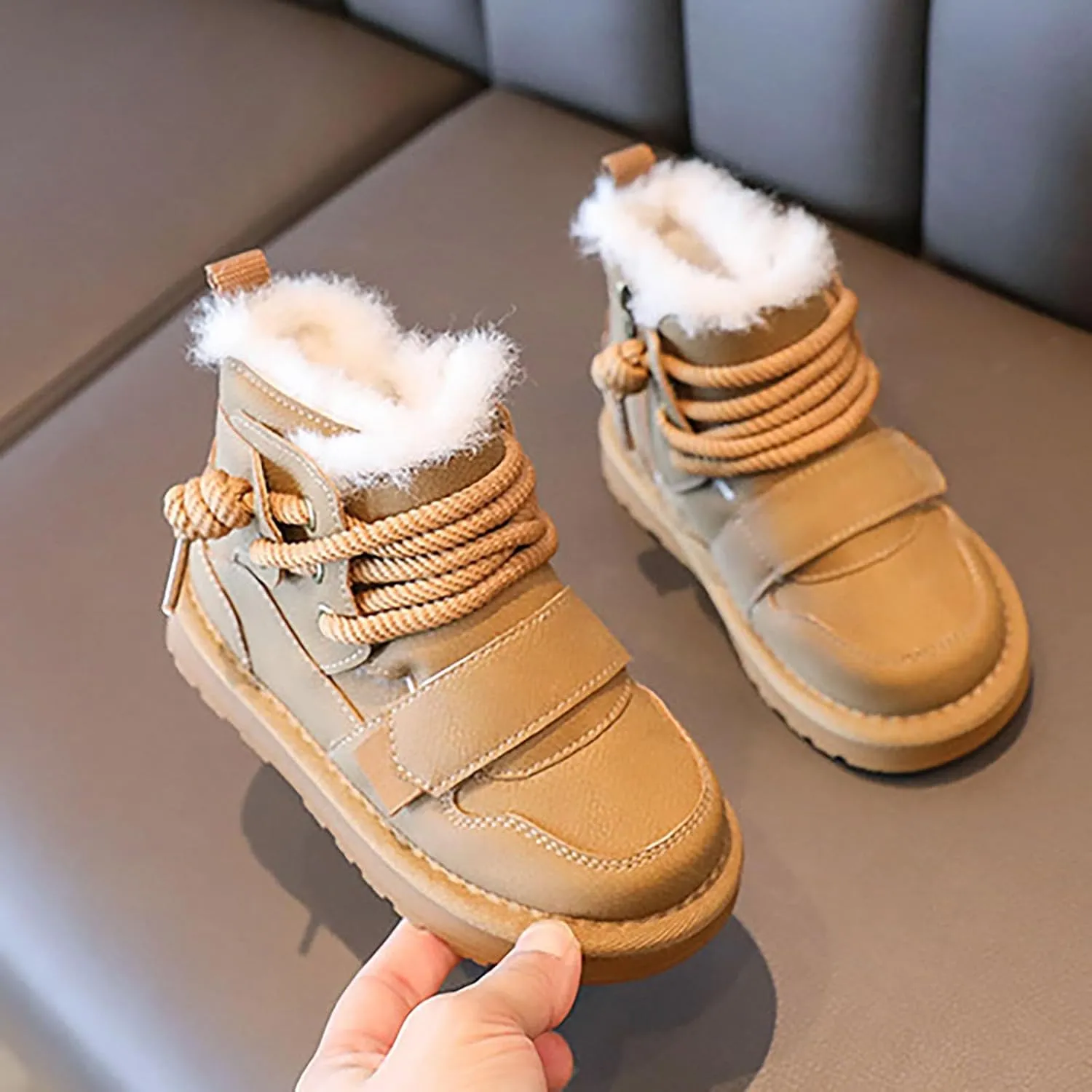 Toddler Kids Fr Lined Snow Boots Winter Boots For Boys Girls Lac Up Non Slip Ankle Booties Fuzzy Boots With Zipper