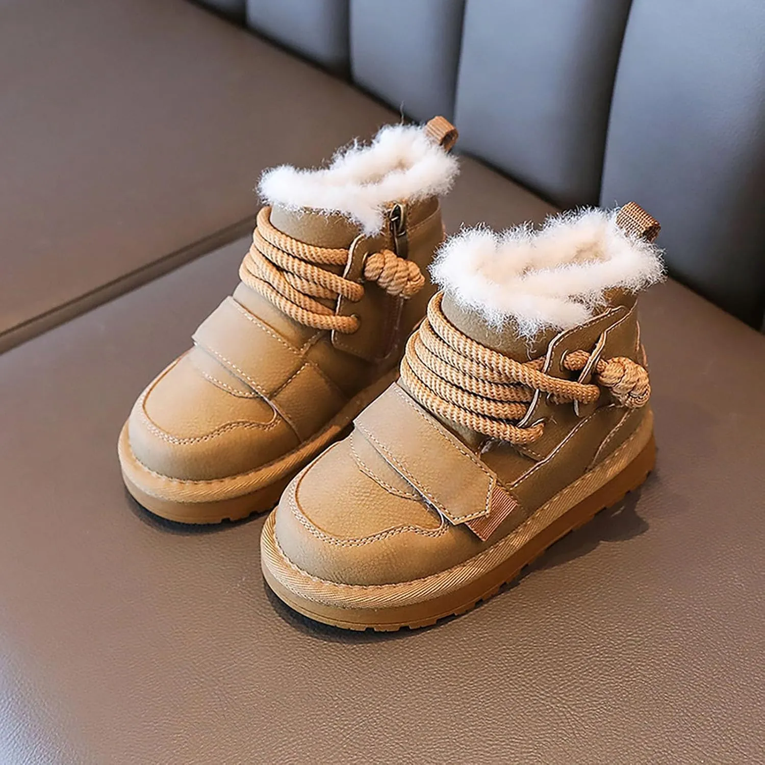 Toddler Kids Fr Lined Snow Boots Winter Boots For Boys Girls Lac Up Non Slip Ankle Booties Fuzzy Boots With Zipper