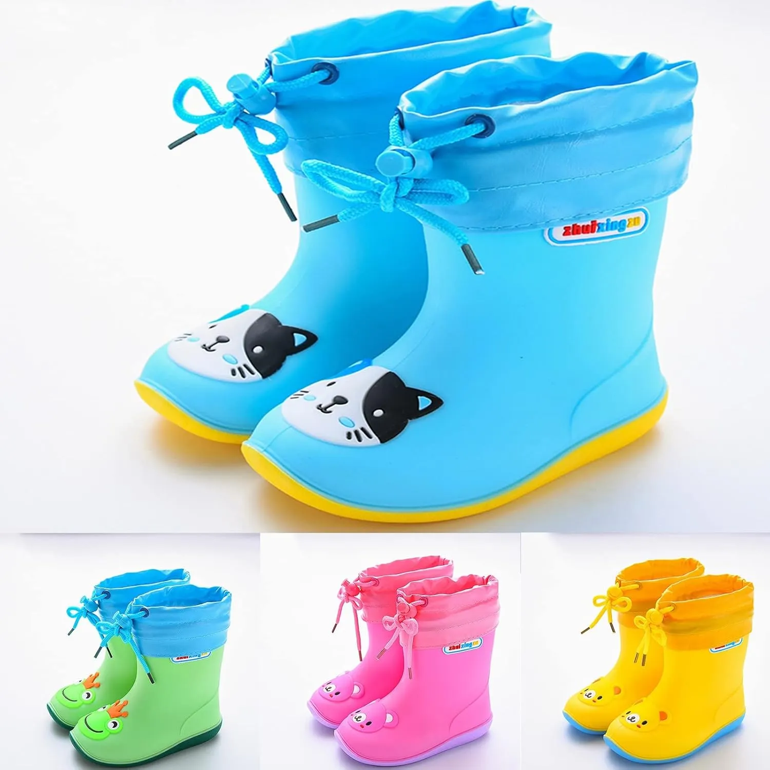 Toddler Kids Rain Boots for Girls Boys Waterproof Solid Color Rain Shoes with Easy On Handles Waterproof