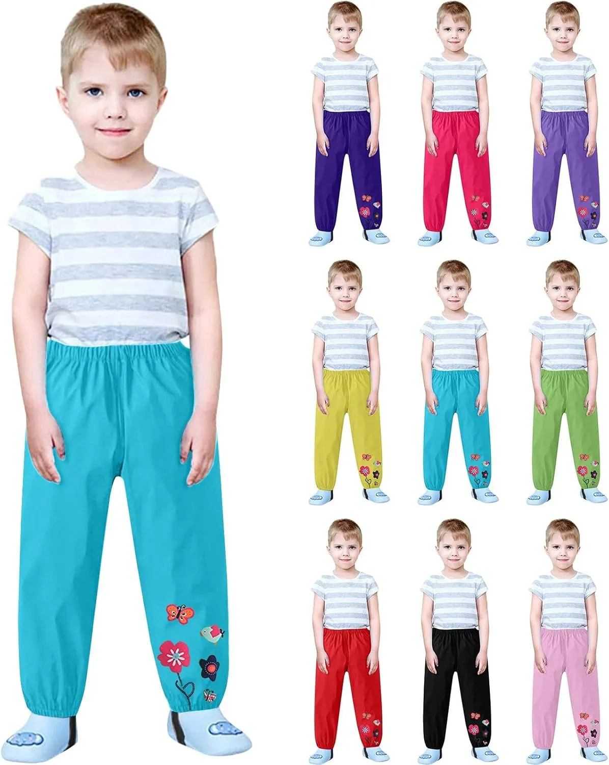 Toddler Rain Pants Baby Boys Girls Waterproof Trousers Mud Pants Lightweight Reusable Cute Butterfly Flower Rainwear