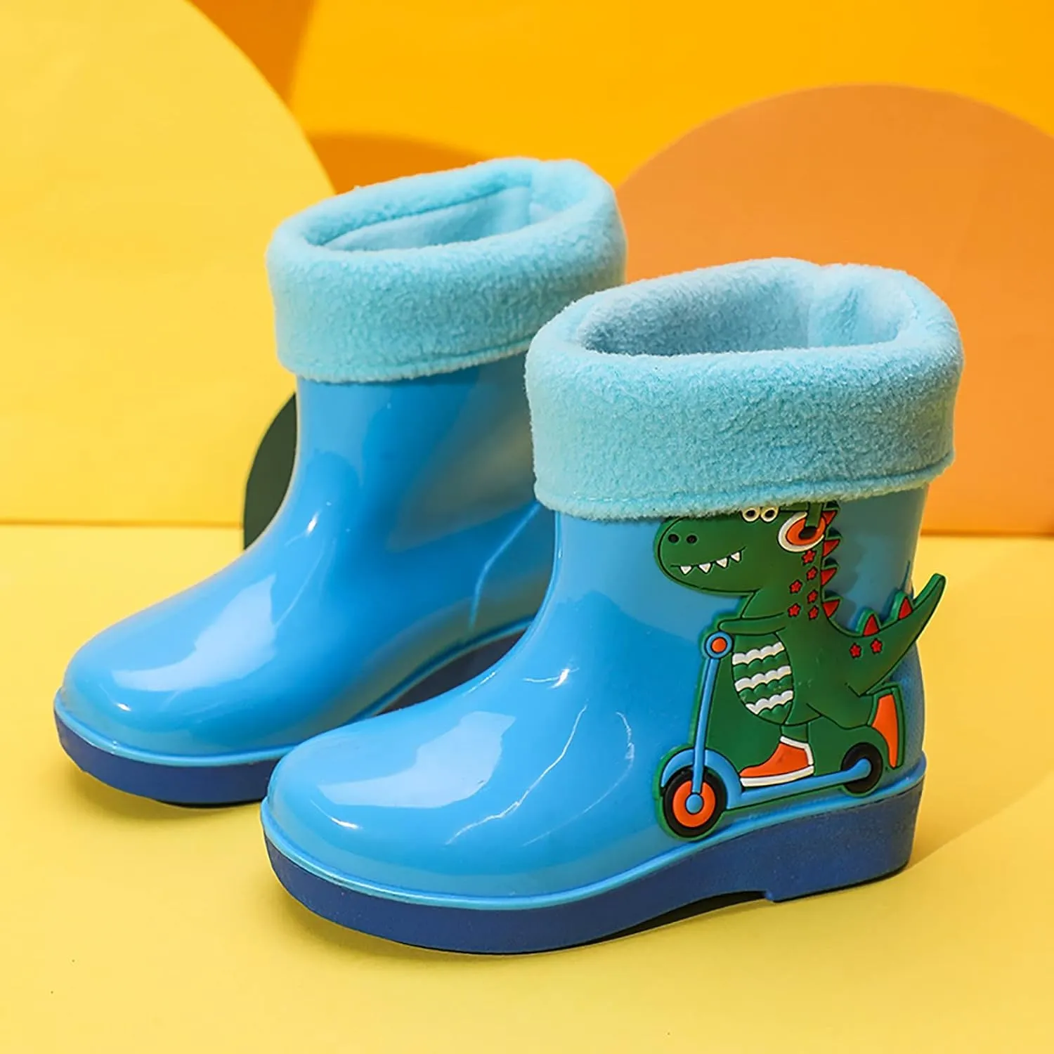 Unisex Child Fleece Lined Waterproof Rain Boots Cute Dinosaur Cartoon Lightweight Toddler Winter Slip on Boys Shoes
