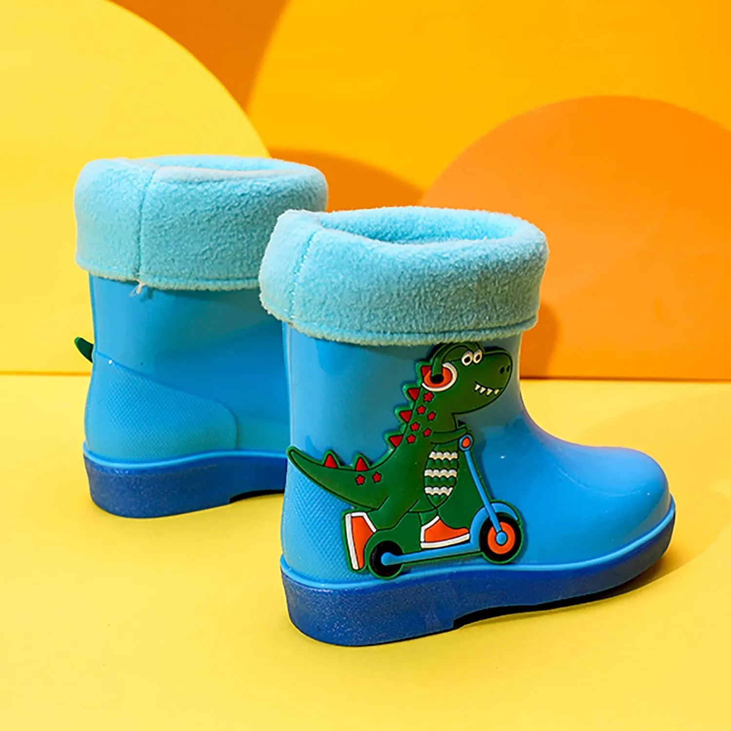 Unisex Child Fleece Lined Waterproof Rain Boots Cute Dinosaur Cartoon Lightweight Toddler Winter Slip on Boys Shoes