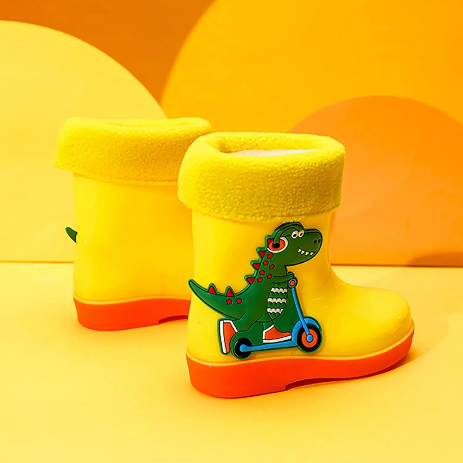 Unisex Child Fleece Lined Waterproof Rain Boots Cute Dinosaur Cartoon Lightweight Toddler Winter Slip on Boys Shoes