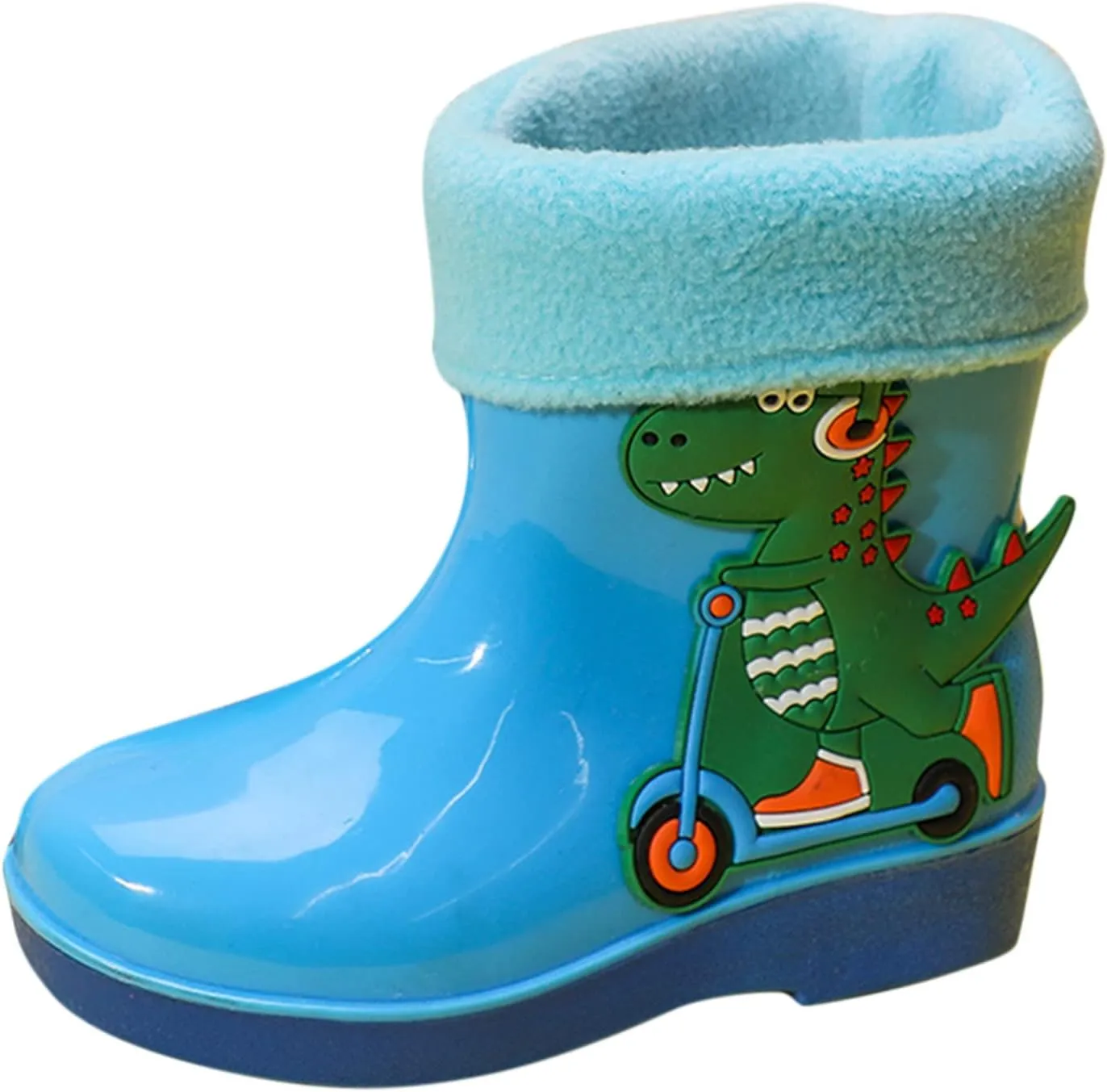 Unisex Child Fleece Lined Waterproof Rain Boots Cute Dinosaur Cartoon Lightweight Toddler Winter Slip on Boys Shoes