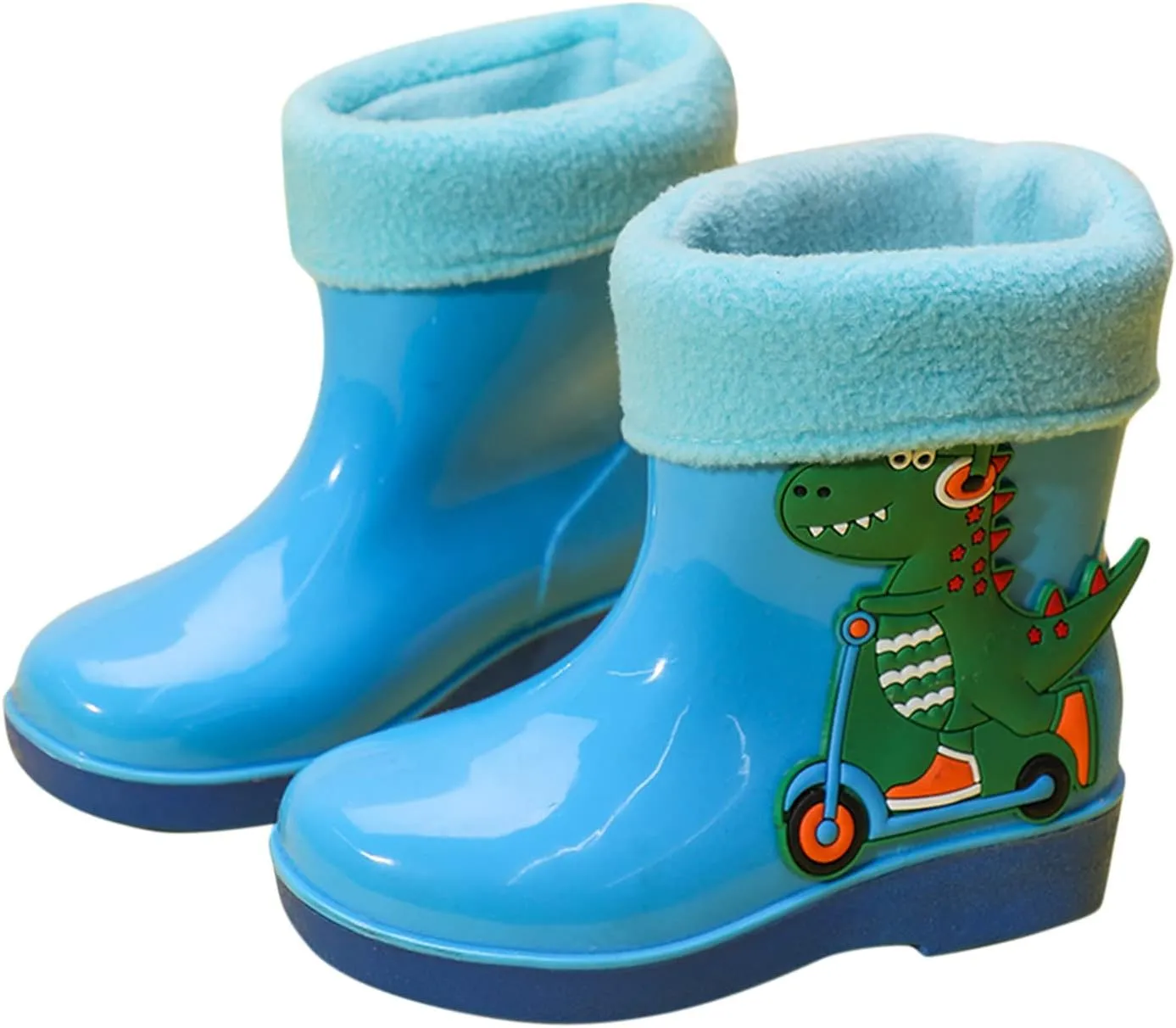 Unisex Child Fleece Lined Waterproof Rain Boots Cute Dinosaur Cartoon Lightweight Toddler Winter Slip on Boys Shoes