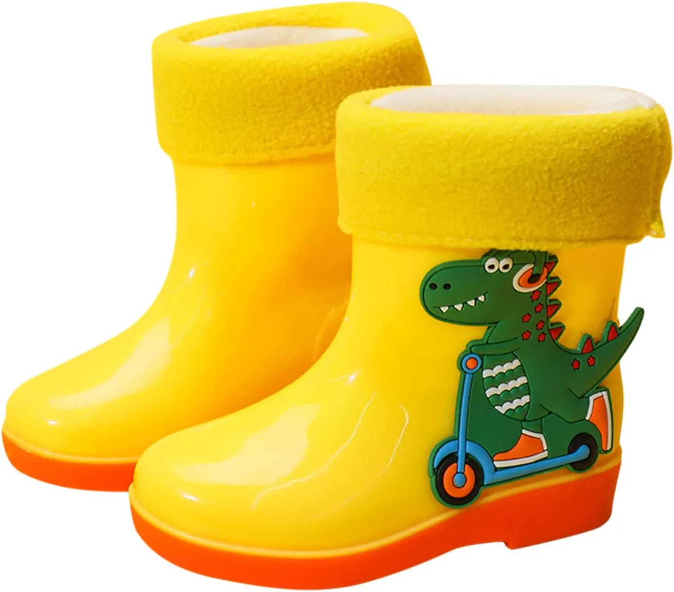 Unisex Child Fleece Lined Waterproof Rain Boots Cute Dinosaur Cartoon Lightweight Toddler Winter Slip on Boys Shoes