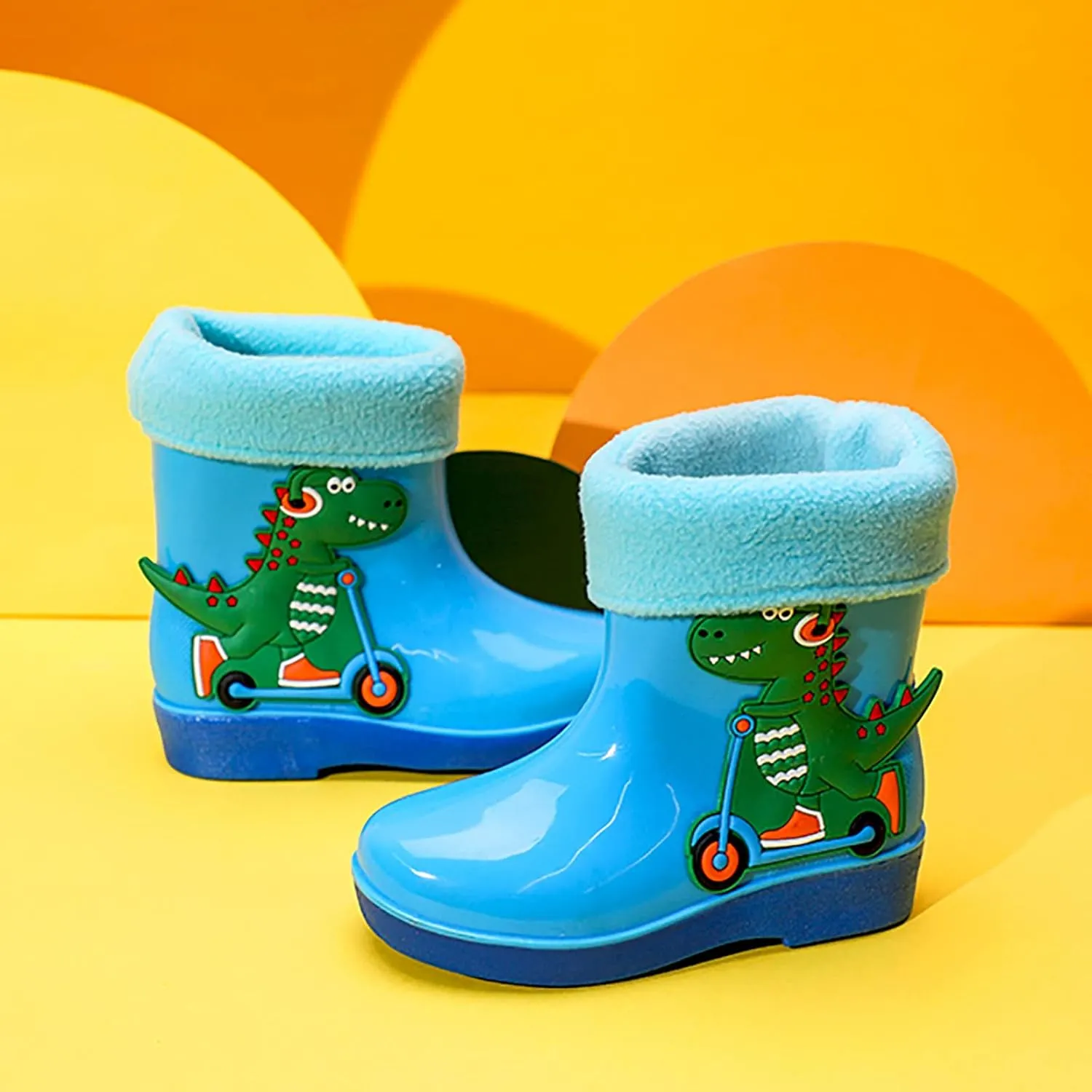 Unisex Child Fleece Lined Waterproof Rain Boots Cute Dinosaur Cartoon Lightweight Toddler Winter Slip on Boys Shoes