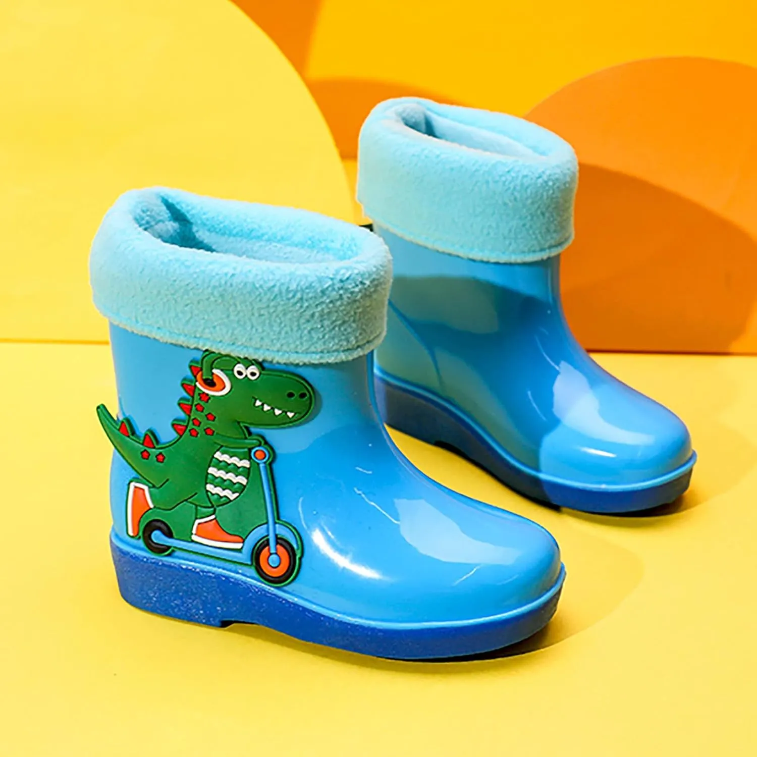 Unisex Child Fleece Lined Waterproof Rain Boots Cute Dinosaur Cartoon Lightweight Toddler Winter Slip on Boys Shoes