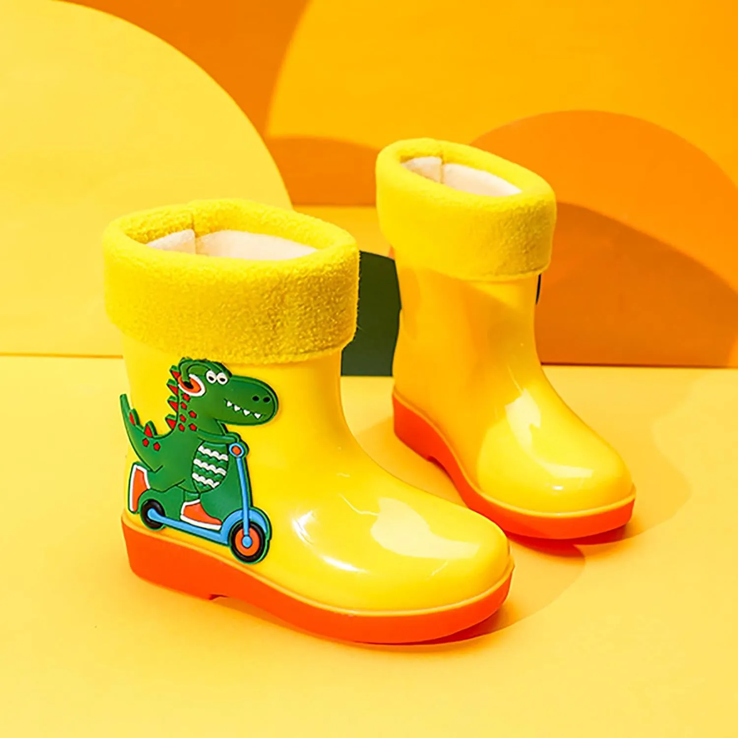 Unisex Child Fleece Lined Waterproof Rain Boots Cute Dinosaur Cartoon Lightweight Toddler Winter Slip on Boys Shoes