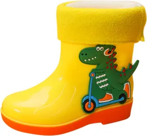 Unisex Child Fleece Lined Waterproof Rain Boots Cute Dinosaur Cartoon Lightweight Toddler Winter Slip on Boys Shoes