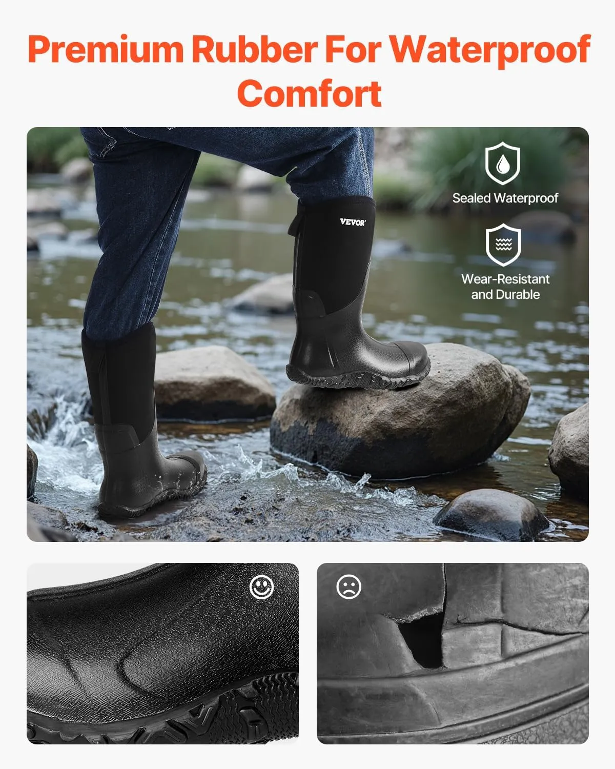 VEVOR Men's Steel Toe Rubber Protective Footwear, Waterproof Rain Fishing Boots, Outdoor Non-Slip Work Shoes, Lightweight and Durable, for Manufacturing, Construction, Farming, Size 13 US