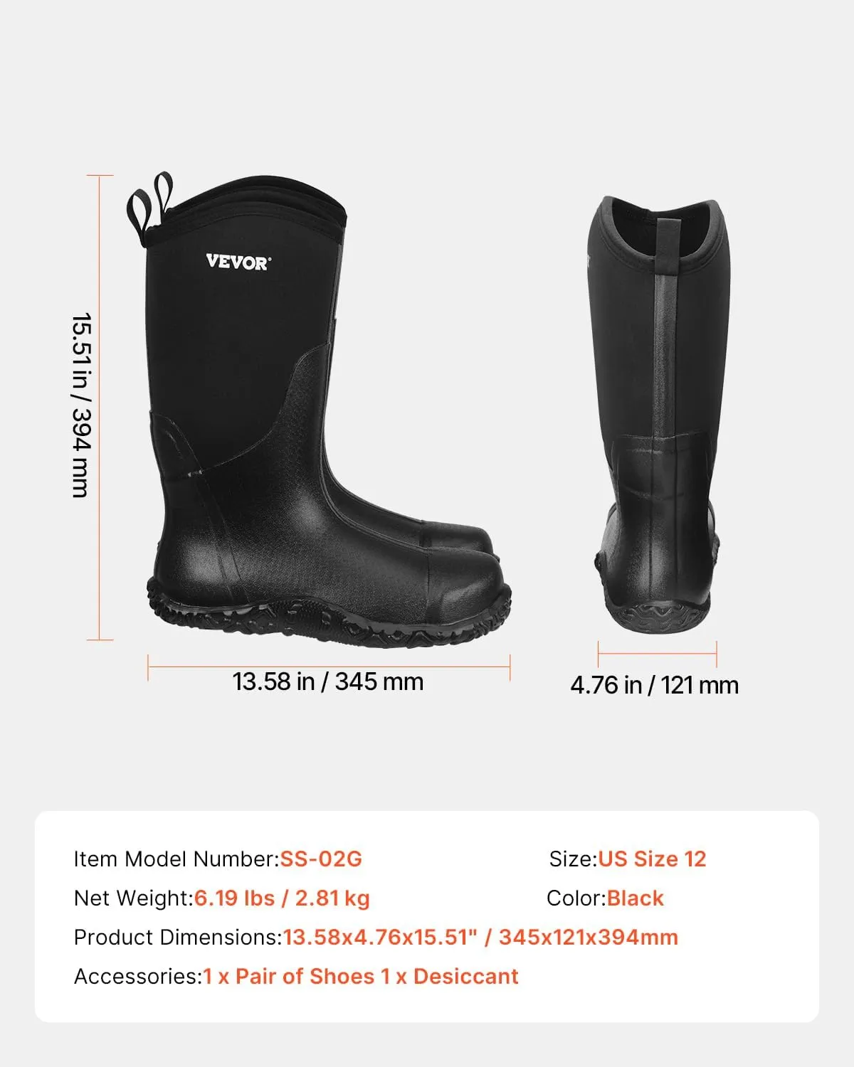 VEVOR Men's Steel Toe Rubber Protective Footwear, Waterproof Rain Fishing Boots, Outdoor Non-Slip Work Shoes, Lightweight and Durable, for Manufacturing, Construction, Farming, Size 13 US